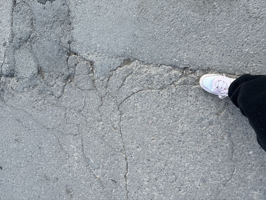 The scene depicts a damaged asphalt surface in Madrets, Bulgaria, viewed from an overhead perspective. A human left foot, covered by a light pink and white sneaker with white laces, is positioned on a substantial longitudinal crack in the asphalt. The visible portion of the leg is clad in dark-colored trousers. The asphalt exhibits extensive deterioration, including numerous intersecting cracks, fissures, and areas of aggregate exposure across the entire visible ground plane.