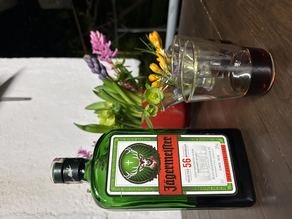 A still-life composition displays a dark green, rectangular Jägermeister bottle, approximately three-quarters full, standing on a dark wooden surface. The bottle's label features a prominent stag head with a cross between its antlers, text indicating "Jägermeister," "SELECTED 56 BOTANICALS," "COLD MACERATED ELIXIR," "MATURED IN OAK," "CRAFTED BY MAST-JÄGERMEISTER SE WOLFENBÜTTEL, GERMANY," "0.7 L," and "35% vol." To the right of the bottle, two clear glass shot glasses are positioned. The shot glass in the foreground contains a quantity of dark brown liquid. A second, seemingly empty, shot glass is located behind it. In the background, a red ceramic pot holds green hellebore flowers and other foliage. Adjacent to this, a clear glass container displays yellow crocus flowers, purple hyacinth blooms, and green stems. The environment consists of a white, textured wall to the left and a darker, indistinct background to the right, suggesting an outdoor or semi-outdoor setting such as a patio or balcony. The specific location within Pryaporets, Bulgaria, is not discernible from the visual evidence.