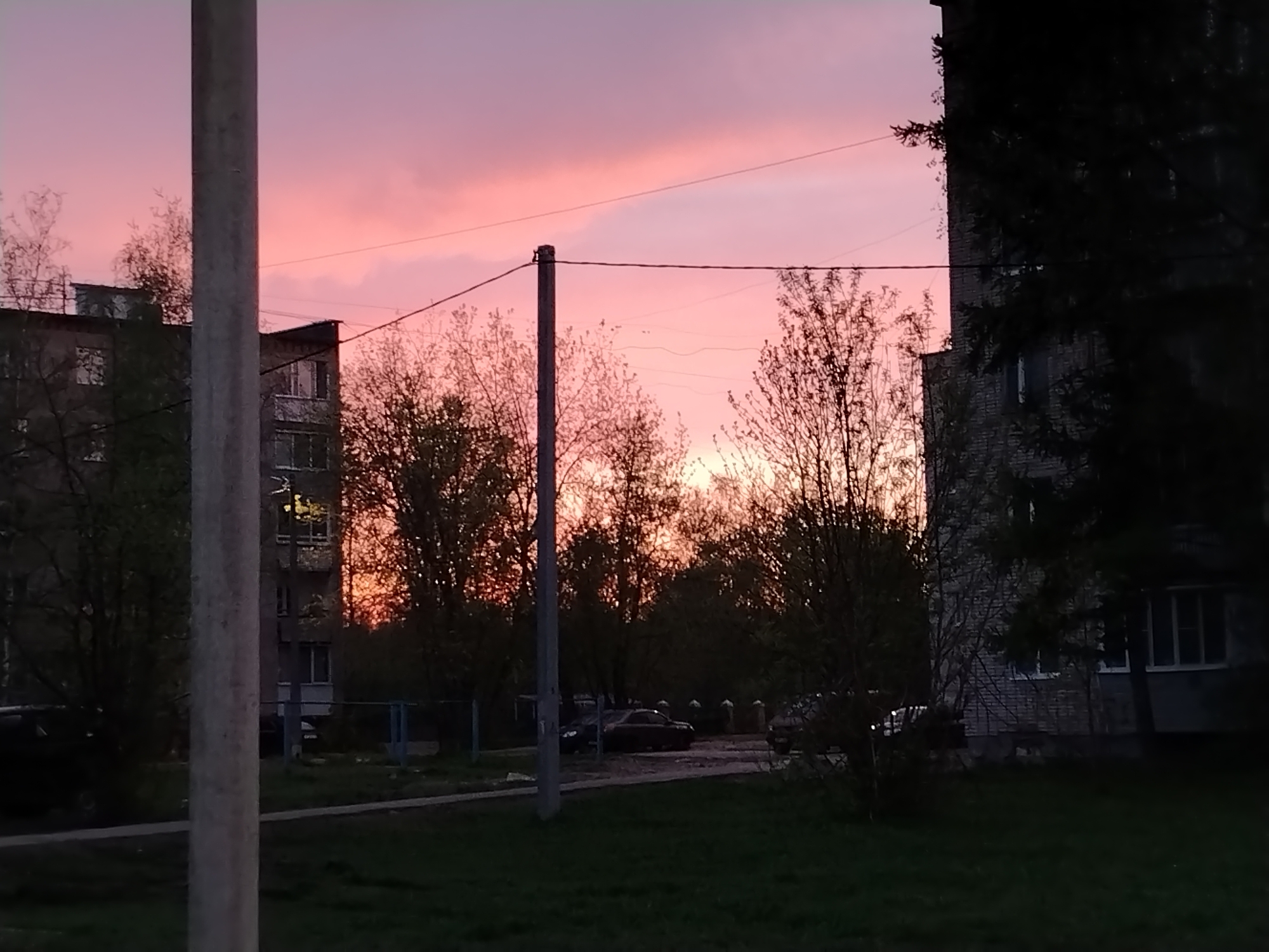 Captured at dusk, the image presents a cityscape with buildings, trees, and a vivid sky. The sky exhibits a pink hue, potentially reflecting a sunset or sunrise. Trees are sparsely foliated, suggesting early spring or late fall. Buildings constructed with brick or concrete line the urban landscape. A pole is placed in the foreground, possibly a utility pole. Additionally, the presence of cars indicates a parking area. The photo was taken in the city of Unknown, Unknown.