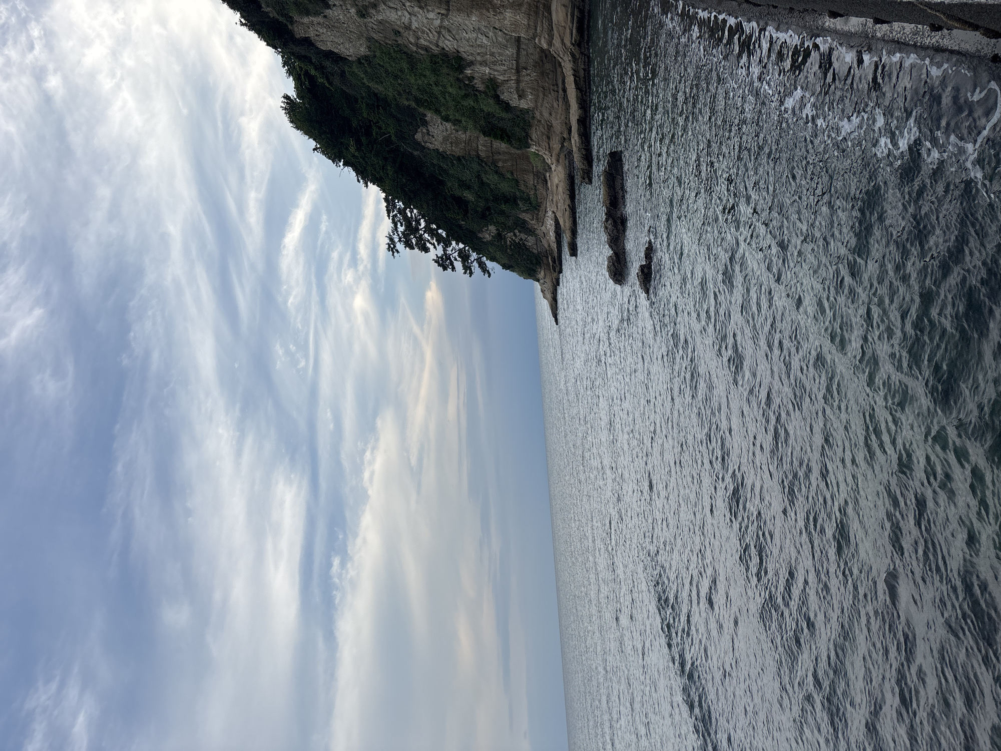 This is a scenic photograph of the coastline near Kamakura, Japan, captured from a low vantage point near the water. The image features a rugged, green-covered cliff face rising from the sea on the right side of the frame. The cliff is characterized by layered rock formations and sparse trees clinging to its slopes. In the foreground, the dark, rippling surface of the ocean stretches towards the horizon. A concrete embankment or walkway is visible along the far right edge of the image, with white foam from gentle waves lapping against it. The sky above is a soft blue, filled with wispy, elongated clouds that create a sense of depth and movement. The overall atmosphere is calm and natural, with no people or man-made structures other than the embankment visible in the scene.