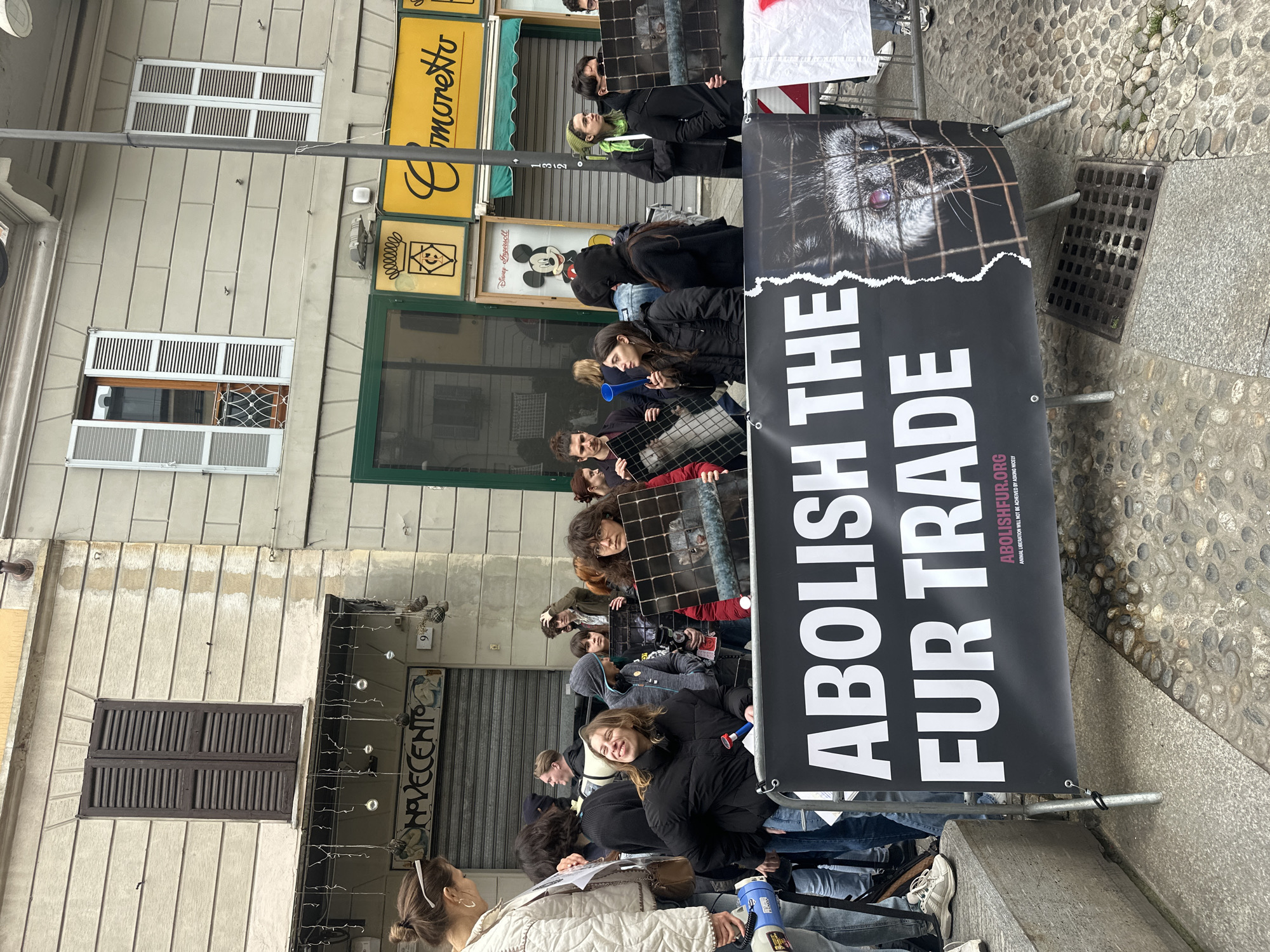 This image depicts an outdoor demonstration on Via Torino, Milan, Italy, specifically in front of buildings housing shops named "NOVECEHTO" (Novecento) at number 9 and "Comoretto" near number 132. The scene is set on a street with a mixed cobblestone and concrete pavement under an overcast sky.
Approximately 20-25 individuals, primarily young adults, are gathered. Most are dressed in casual winter clothing, including jackets and hoodies. A large black banner stretched horizontally across the foreground reads "ABOLISH THE FUR TRADE" in prominent white capital letters. Below this, smaller text states "ABOLISHFUR.ORG" and "ANIMAL LIBERATION WILL NOT BE ACHIEVED BY ASKING NICELY." The right portion of the banner features a digitally torn effect revealing an image of a fox or similar canid with distinctive blue and red eyes, appearing to look through a wire cage.
Several participants hold square or rectangular signs, each displaying images of animals, likely minks or foxes, confined within what appears to be wire caging from a fur farm. One individual in the center-left, wearing a black puffer jacket, is smiling broadly while looking upwards. Another individual to her right holds a blue megaphone. A woman on the far left, in a white jacket, is looking down at a white paper or poster. A woman in a red jacket, to the right of the main banner, holds a sign and looks directly towards the camera.
The background consists of two multi-story buildings with light-colored, horizontally banded facades. These buildings feature various windows, some with dark brown wooden slatted shutters, others with white slatted shutters, some open, some closed. The ground-level shopfronts include a "Novecento" entrance with a rolled-down metal shutter adorned with string lights, and a "Comoretto" shop featuring a yellow sign, a Mickey Mouse display, and a green awning above a closed metal shutter. A lamppost with the number "132" is visible near the "Comoretto" shop. A metal drain grate is visible on the pavement near the banner.