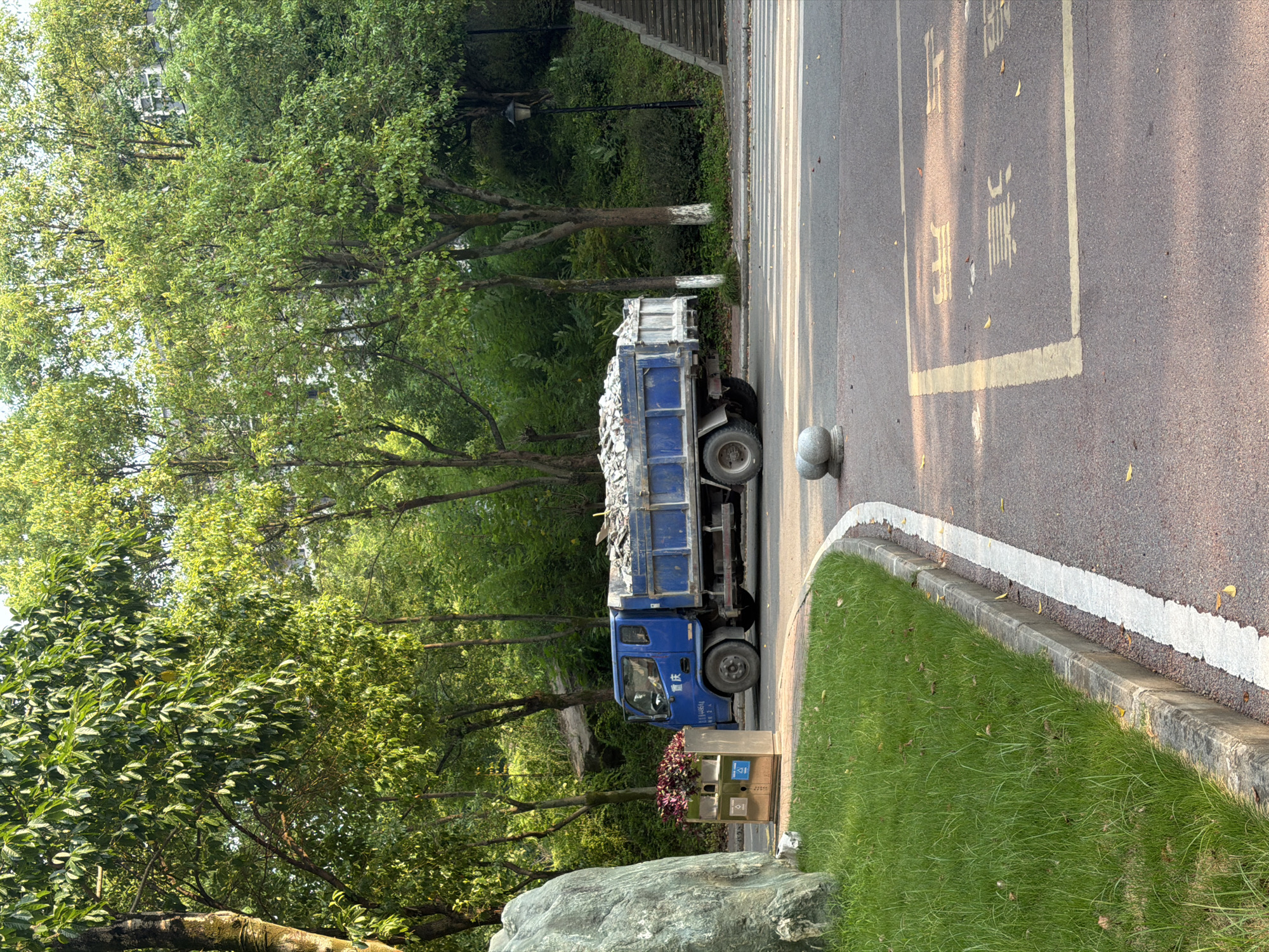 A blue dump truck carrying construction debris is parked on the right side of a paved road. The truck has a "Chongqing" logo visible on the cab door. To the left of the truck, a large rock sits next to a planter filled with red-leafed plants, and a trash receptacle. A grassy area with a concrete curb and white line borders the road. In the background, a steep stairway leads up a hill densely covered with trees. The road has yellow markings and a pedestrian crossing. The image appears to be taken in Jiangjin District, Chongqing, China, given the truck's branding.