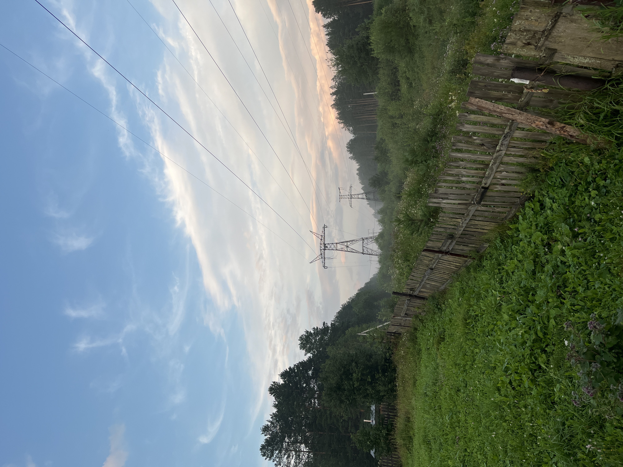 The image depicts a rural landscape with a weathered wooden fence in the foreground, separating a lush green field from a dense forest. Power lines stretch across the sky, supported by tall metal towers visible in the distance. The sky is a mixture of blue and pale pink, with scattered clouds suggesting either dawn or dusk. There are no people or animals present in the scene, and the environment appears natural and undeveloped. The scene does not provide any specific details that would link it to the city of Nizhny Tagil, Russia.