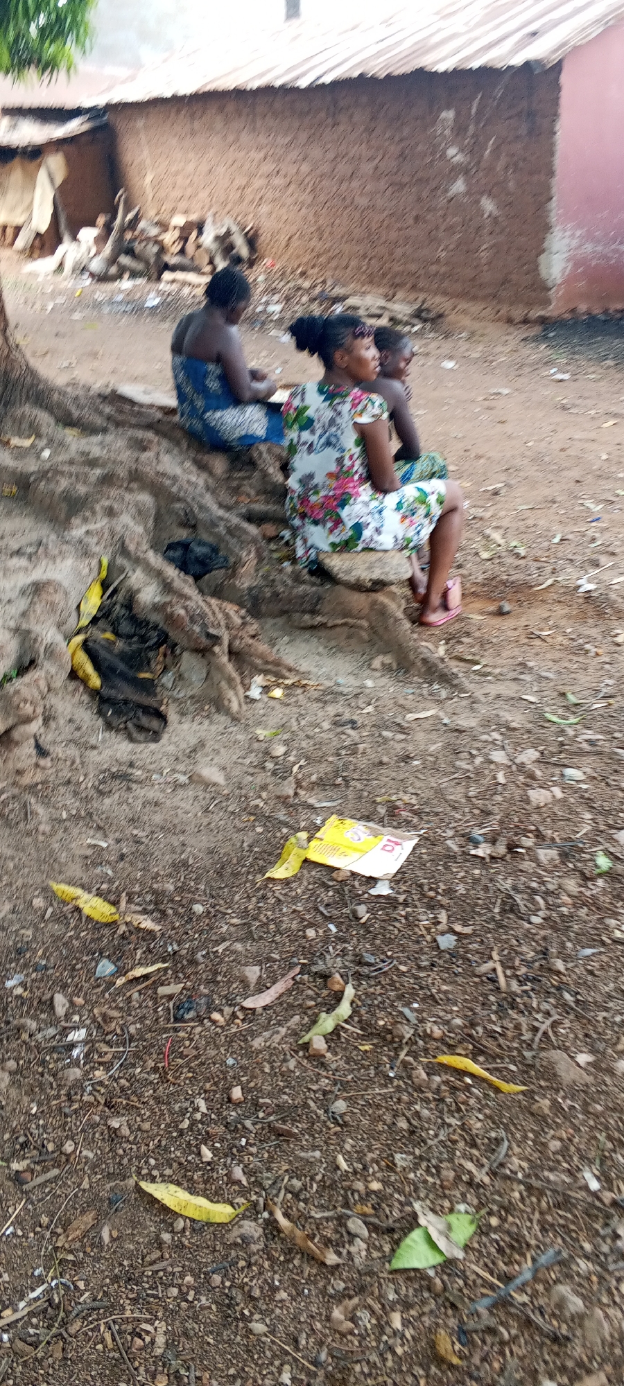 The image, taken in Keffi, Nigeria, shows three individuals sitting on the exposed roots of a large tree. One woman is wearing a blue patterned dress. A second woman, wearing a white dress with a floral print, sits next to a child. All three appear to be looking in the same direction. Behind them is a dilapidated building with mud walls and a corrugated metal roof. The ground is covered in dirt, small rocks, and scattered debris including yellow leaves and a discarded snack wrapper. A pile of firewood is visible near the building.