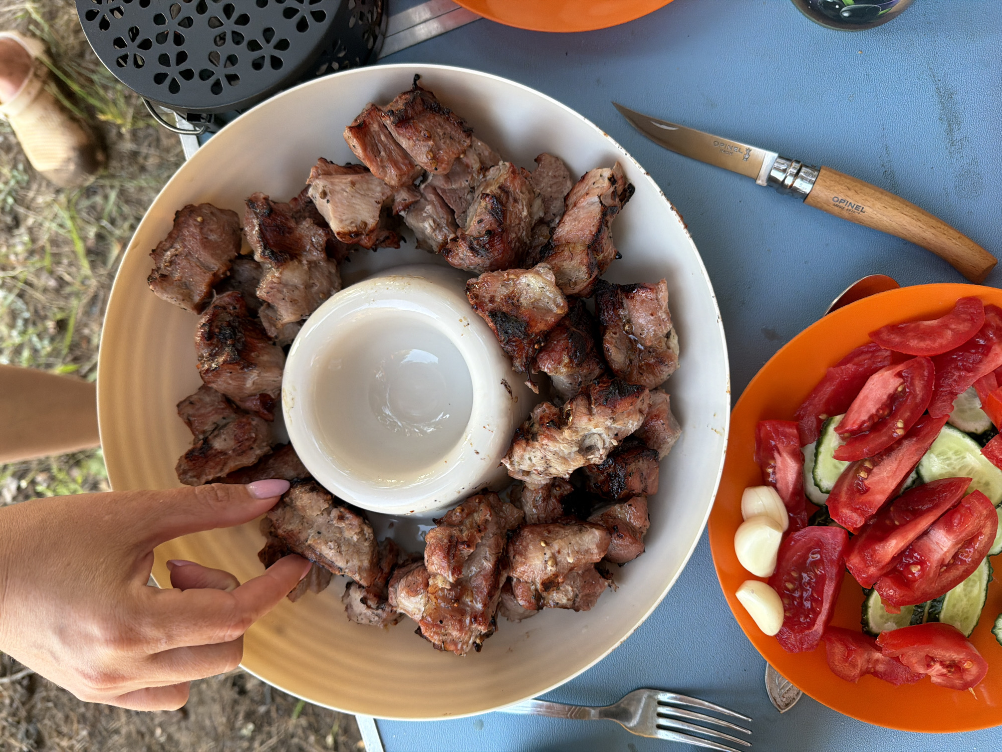 A close-up overhead shot shows a meal laid out on a blue surface, likely a picnic table. A white plate holds a generous portion of grilled meat, cut into bite-sized pieces. The meat appears well-cooked, with some char marks and glistening juices. In the center of the plate is a small white bowl, presumably for dipping sauce. To the lower left, an orange bowl contains a fresh salad of sliced tomatoes, cucumbers, and pieces of garlic. A fork rests to the left of the white plate, and a knife with a wooden handle is positioned to the right. In the background, out of focus, is a person's hand reaching towards the meat, suggesting someone is about to take a piece. Further back, a blurry glimpse of a person's legs and feet indicates they are wearing casual footwear. To the right of the white plate, a black, decorative metal object, possibly a small grill or lantern, is partially visible. The overall scene suggests an outdoor meal, possibly a barbecue or picnic, in a natural setting with grass and dirt visible in the background. The image does not provide any specific visual cues to pinpoint its location in the city of Chaikovsky, Russia.