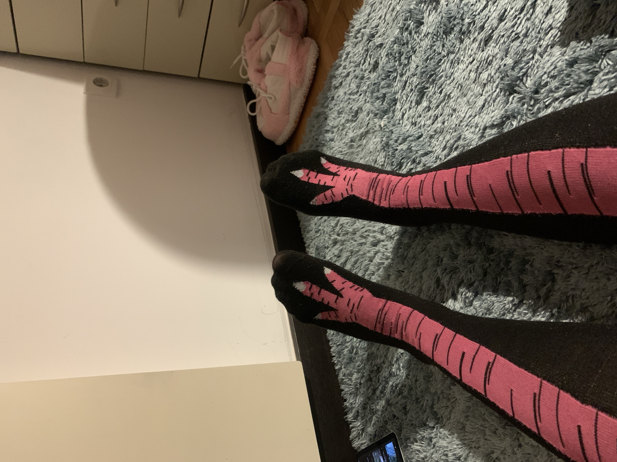 The image shows a person's legs wearing black socks with pink dinosaur footprints. The person is sitting on a fluffy blue rug. Next to the rug is a white cabinet and a pair of pink slippers. A small portion of a laptop is visible in the bottom right corner. The location is indicated as Vozdovac Urban Municipality, Serbia.