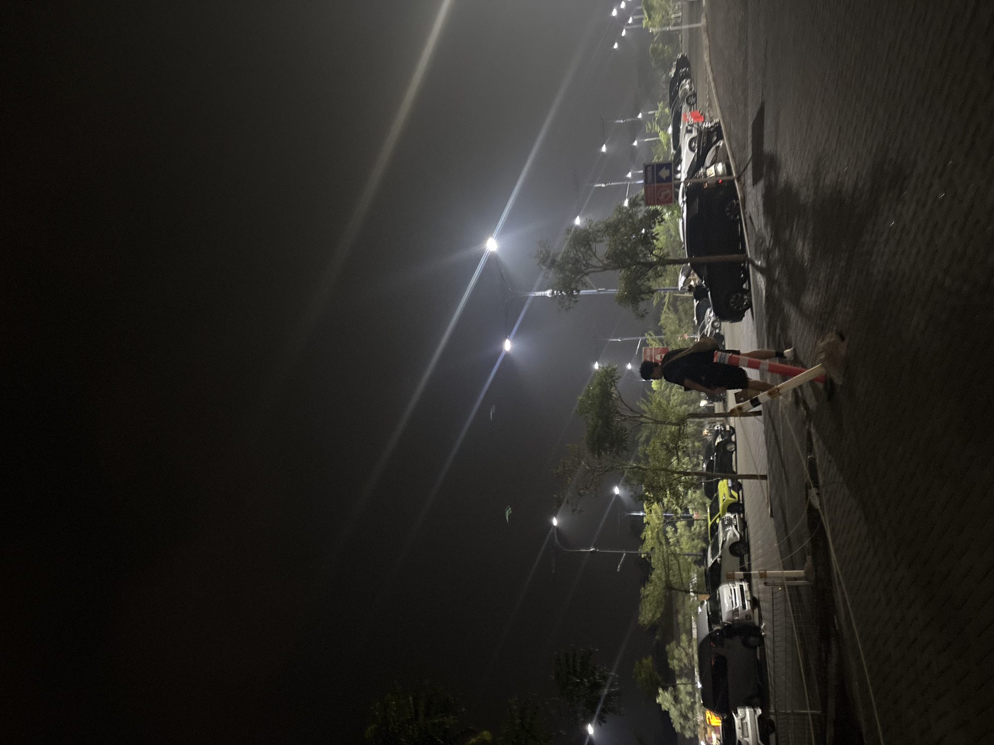 The image captures a dimly lit parking lot at night in Babakan Madang, Indonesia. Numerous cars are parked in rows, illuminated by streetlights that cast long shadows across the paved surface. A person, dressed in dark clothing, stands in the foreground near the cars, holding a bag over their shoulder. Traffic cones are visible near the person, suggesting potential roadwork or a designated area. The atmosphere is hazy, possibly due to fog or light pollution, which softens the illumination from the streetlights and creates a slightly ethereal feel. Trees are sparsely planted throughout the parking lot, their foliage dark against the night sky. The scene appears to be a typical urban parking area after dark.