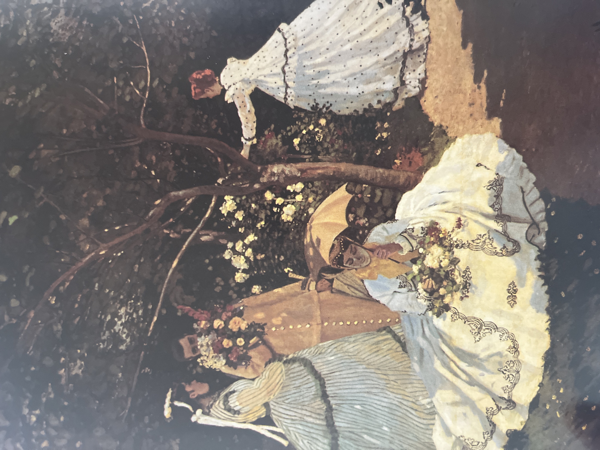 The image is a reproduction of a painting depicting several women in a garden or park setting. The scene takes place during the daytime, possibly in the late afternoon or early evening, considering the shadows and the overall darkness of the image. The setting might be a secluded area within a park, with dense foliage and trees surrounding the figures.
There are three distinct female figures visible, each attired in period-specific dresses. One woman, positioned in the upper part of the image, wears a white dress with black polka dots. She is bending over, possibly reaching for something among the flowers. Another woman, located in the lower right corner of the image, is adorned in an elaborate white dress with decorative trim. She holds a bouquet of flowers and carries a tan umbrella. The third woman, lying down at the bottom of the image, wears a striped dress and a hat adorned with flowers.
The painting style seems to mimic Impressionism, with broad brushstrokes and an emphasis on light and color. The color palette is dominated by greens, browns, whites, and blacks, with touches of yellow and red from the flowers and the hair of the woman in the polka-dot dress.
Without additional information or context, it is impossible to definitively determine whether this image is directly related to Varna, Bulgaria.