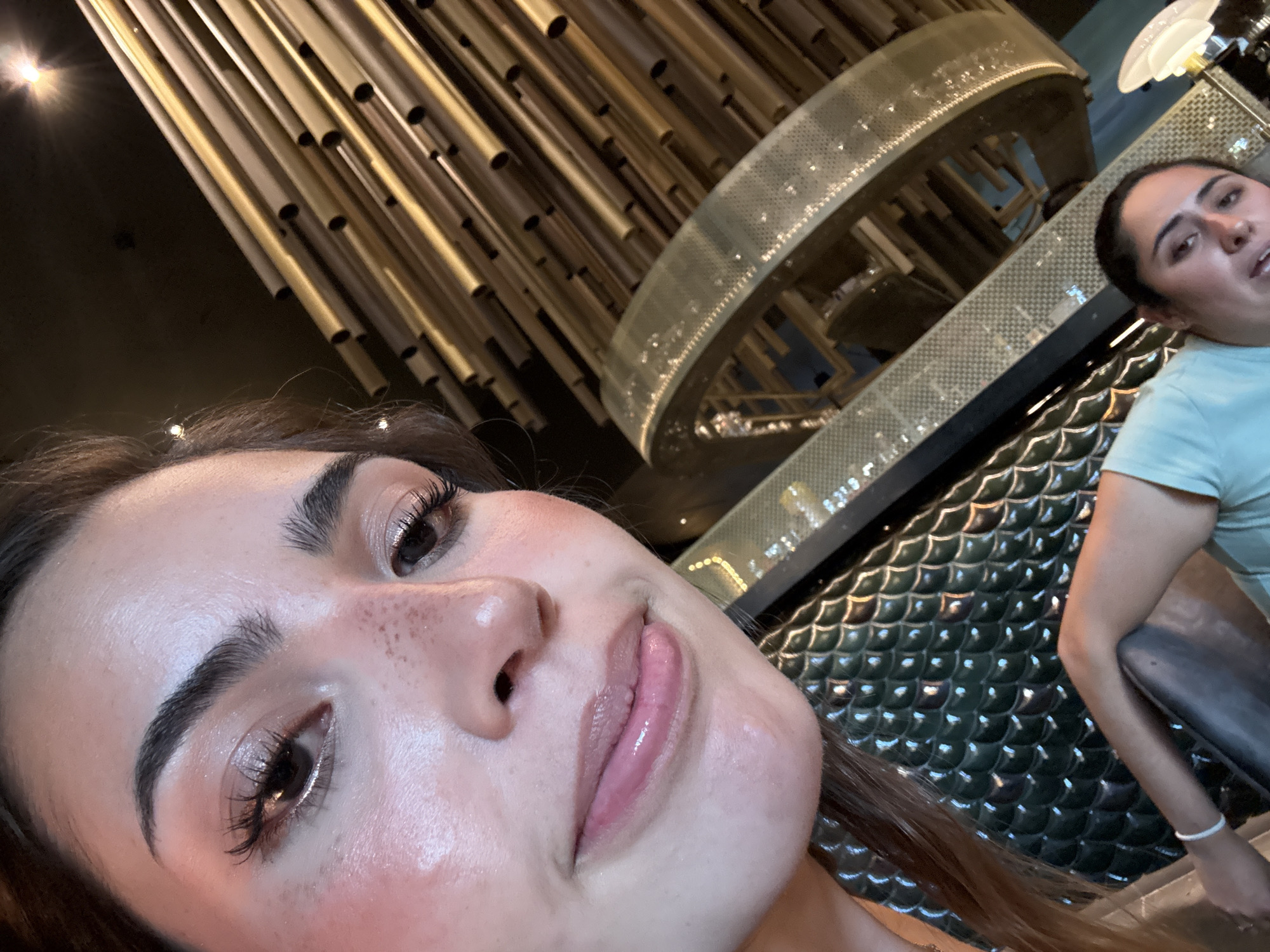 The image appears to be a selfie taken at an indoor location, possibly a restaurant or bar, in San Bernardino Tlaxcalancingo, Mexico.
The primary subject is a young woman with light skin, dark eyebrows, brown hair, and freckles on her nose. She is wearing makeup, including eye shadow and lipstick.
In the background, slightly out of focus, is another person with dark hair wearing a light blue t-shirt.
The background also features a decorative architectural structure consisting of numerous gold-colored cylindrical tubes hanging vertically. Additionally, there is a structure with an arched design, possibly part of the building's interior. A patterned, possibly tiled, surface can also be observed in the background.