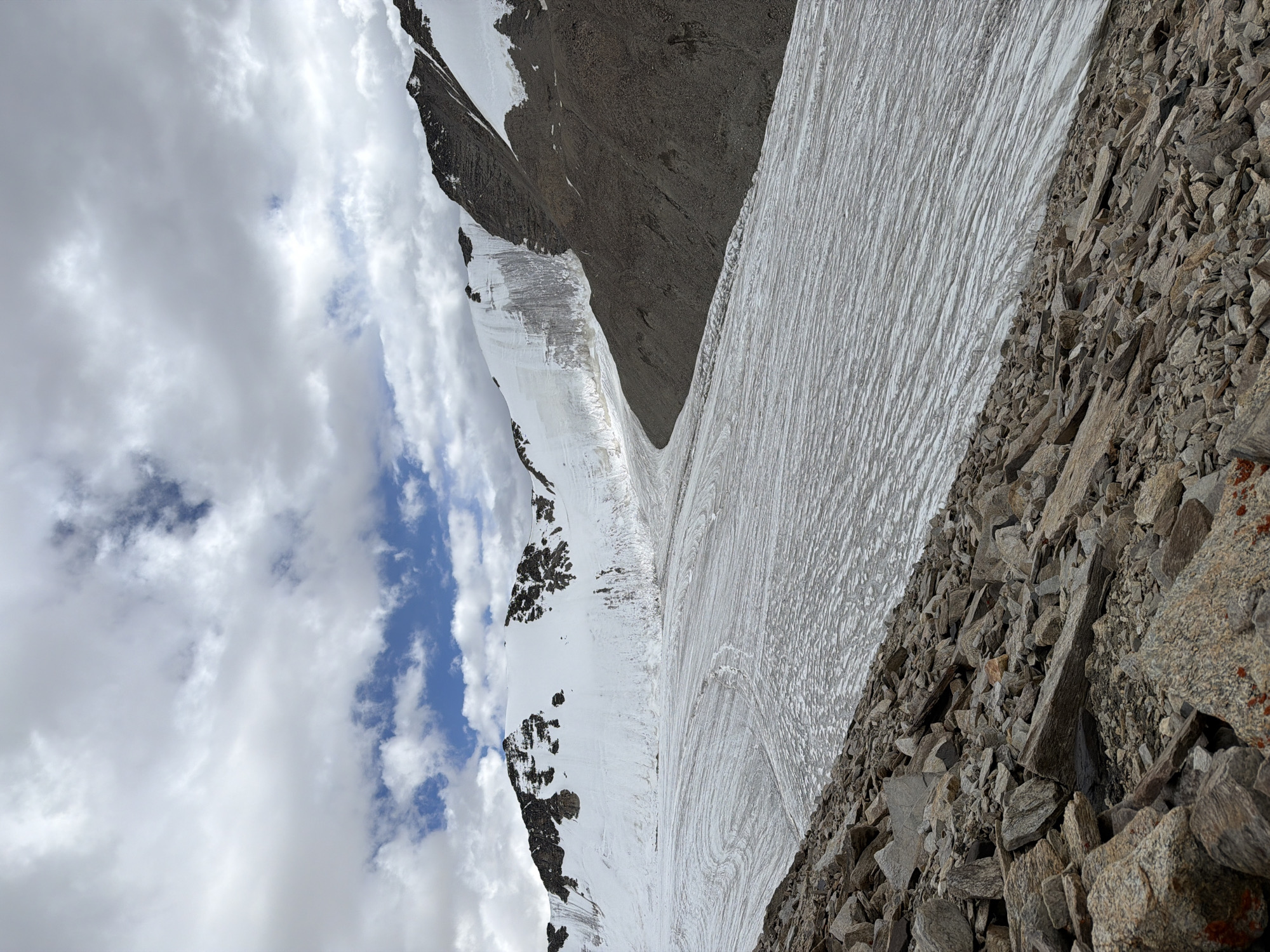 The image depicts a vast, snow-covered mountain landscape under a partly cloudy sky. In the foreground, a steep slope is covered in rocks and scree. Beyond this, a wide expanse of glacier stretches towards a towering mountain range. The glacier surface is marked with numerous parallel striations, indicating the movement of ice. The mountains in the background are capped with snow, with exposed dark rock faces visible in places. The sky is a mix of white and grey clouds, with patches of blue visible. The scene appears to be a remote, high-altitude natural environment, likely in the Indian Himalayas, given the mention of "Unknown, India". There are no people or man-made structures visible in the image.
