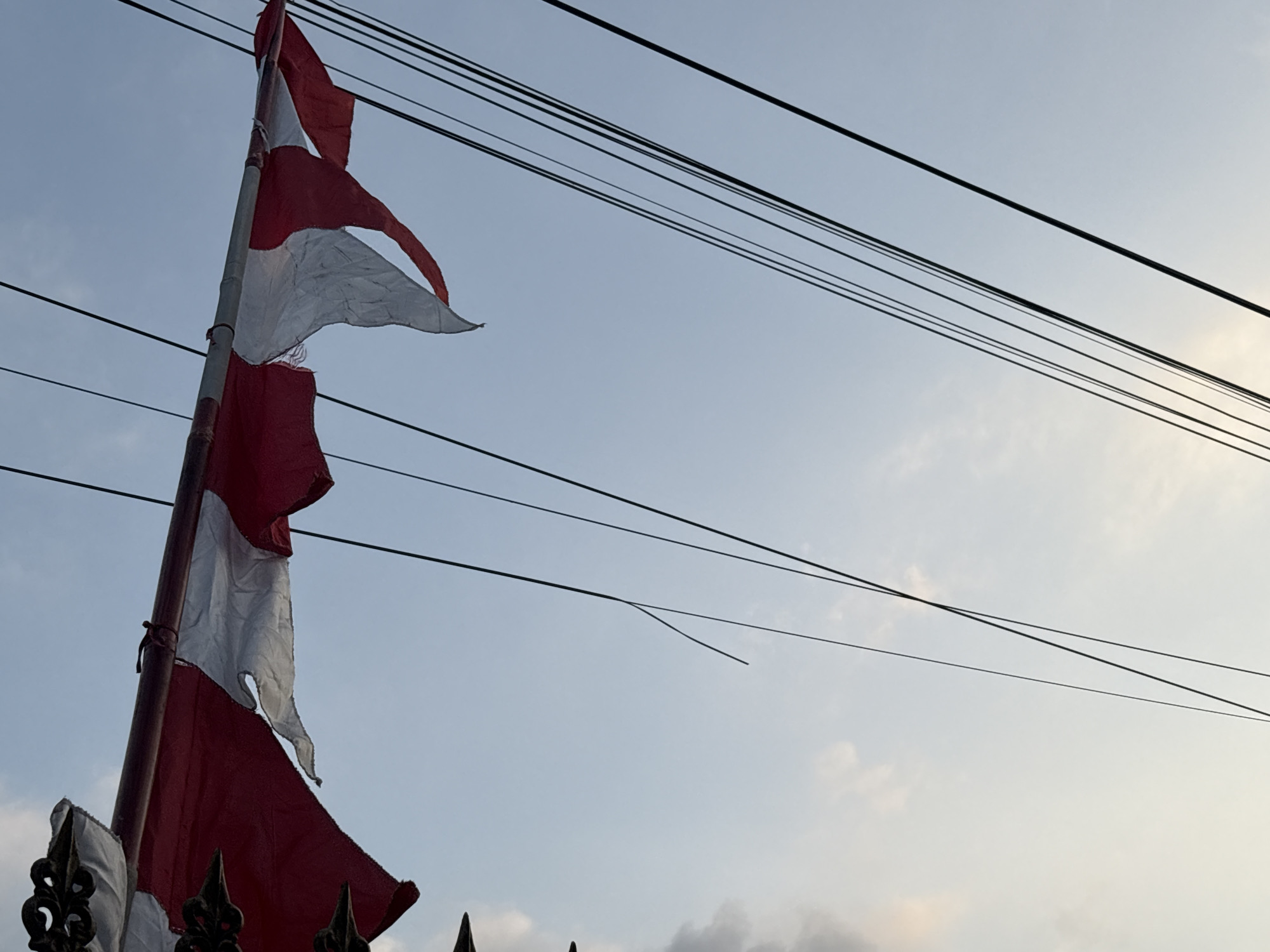 In Palimanan, Indonesia, a tattered Indonesian flag, predominantly red and white, flutters on a pole against a pale blue sky. Multiple power lines crisscross the upper portion of the frame, creating a stark contrast with the organic shape of the flag. The flag appears aged and torn, with visible rips and frayed edges, suggesting prolonged exposure to the elements. Below the flag, decorative black metal fencing is partially visible. The lighting suggests it is either early morning or late afternoon.