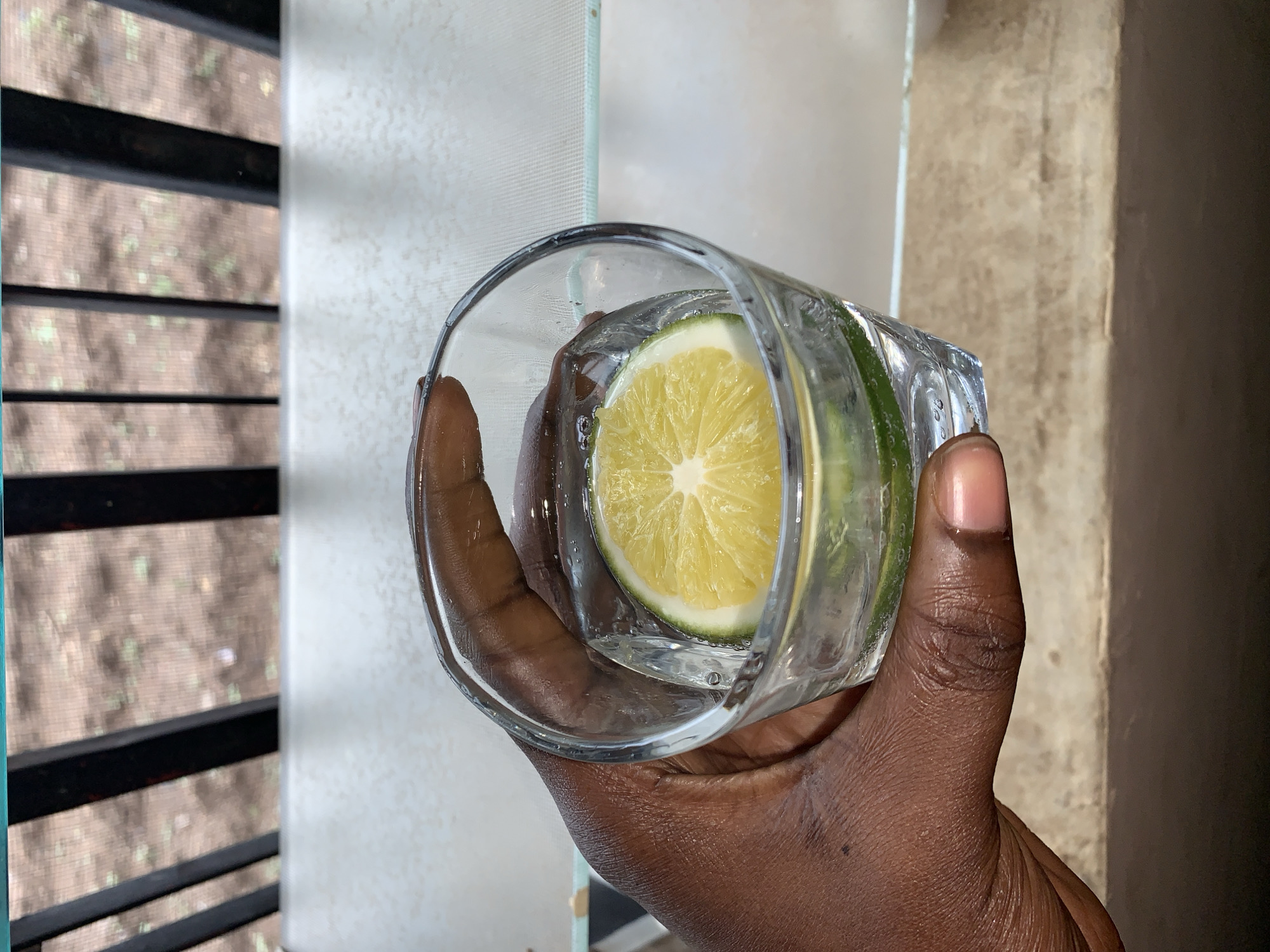 A close-up shot depicts a dark-skinned hand holding a glass filled with water and a slice of lemon. The glass is transparent, allowing clear visibility of the lemon slice within. The lemon appears fresh with a bright yellow flesh. A set of window blinds partially visible in the background. The background features a textured, light-colored wall. The location is Rafin Par, Nigeria.