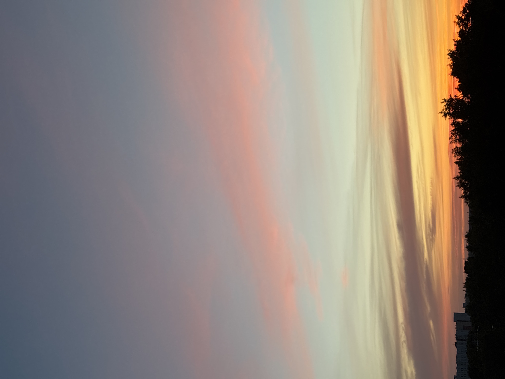 The image shows a panoramic view of a city skyline at dusk, with a backdrop of a colorful sunset. The sky transitions from a deep blue at the top to shades of pink, orange, and yellow as it nears the horizon. Wispy clouds are scattered across the sky, catching the light of the setting sun. In the foreground, silhouetted against the vibrant sky, is a dark line of trees, behind which a row of buildings of varying heights can be seen. The overall impression is one of a tranquil urban landscape at the end of the day.