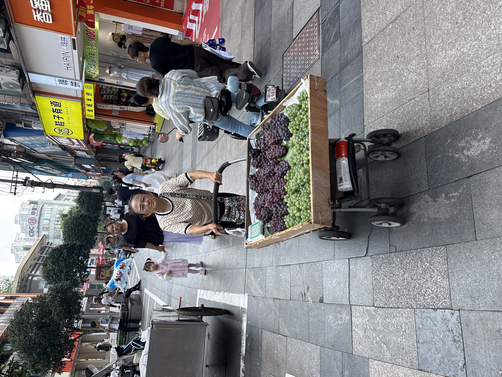 A medium shot captures a street scene in Jiangjin, China, featuring a woman pushing a cart laden with grapes. The woman, wearing a patterned shirt and glasses, is positioned in the center of the frame. Her cart, made of wood, is filled with two distinct types of grapes: dark purple and light green. To the left of the cart, a young child in a pink dress is being held by the hand by another woman, partially visible. In the background, the street is lined with various shops and buildings, displaying signs in Chinese. Pedestrians are seen walking along the sidewalk, and a few trees are present. The ground is paved with gray stone tiles. The overall impression is a typical street market scene in an urban environment.