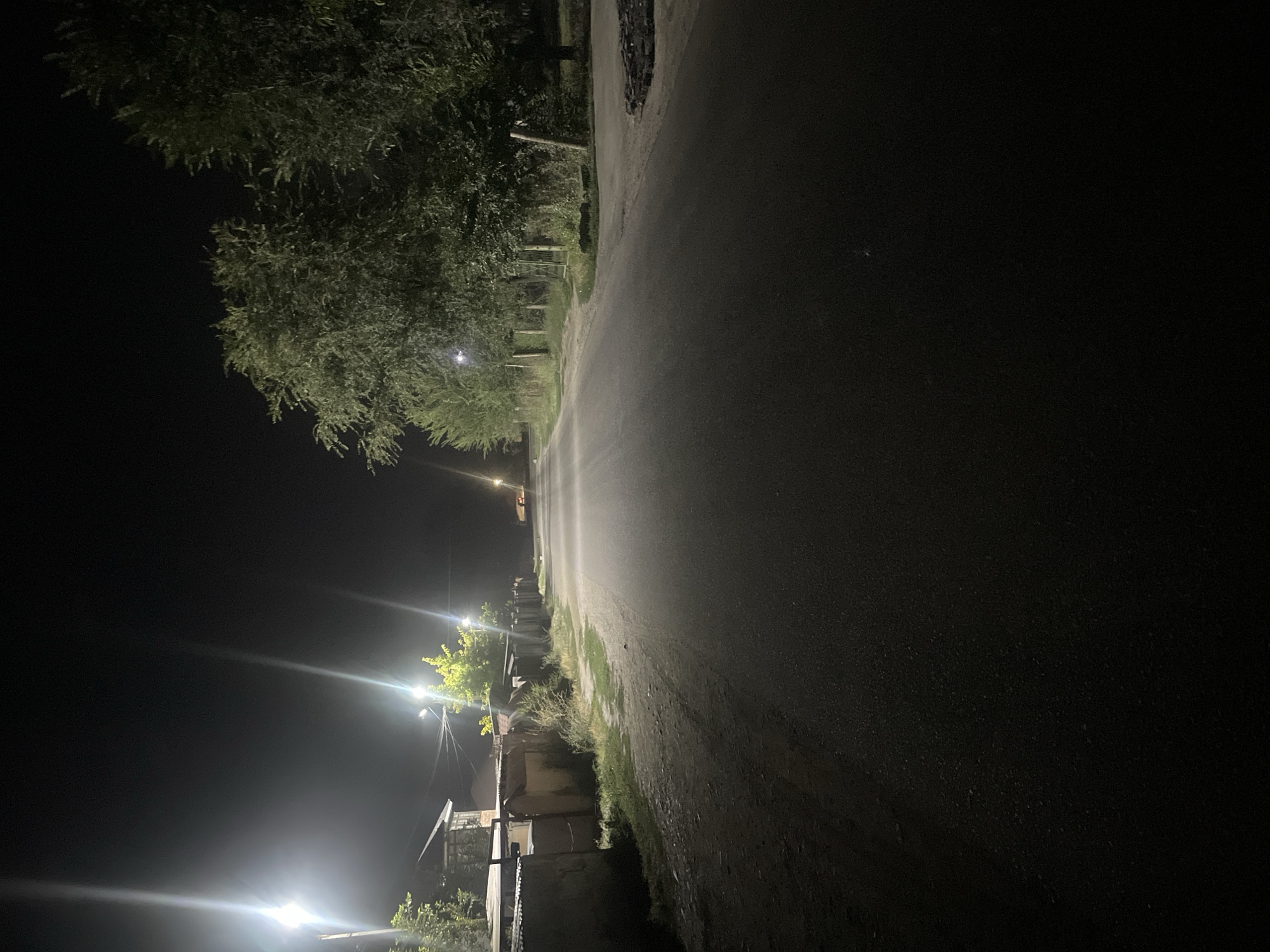 The image depicts a dark asphalt road at night, illuminated by streetlights. The road curves slightly to the right and stretches into the distance, where a faint light is visible. On the left side of the road, there is a low wall made of stones and metal sheeting, followed by some low vegetation and buildings. Further down the road on the left, a bright streetlight illuminates a small tree with yellow-green leaves. On the right side of the road, there is a line of trees with thick foliage, some of which are illuminated by streetlights. There are wooden fence posts visible along the right side of the road. The overall scene suggests a quiet, possibly rural or suburban street in the city of Ak-Jol, Kyrgyzstan, at nighttime.