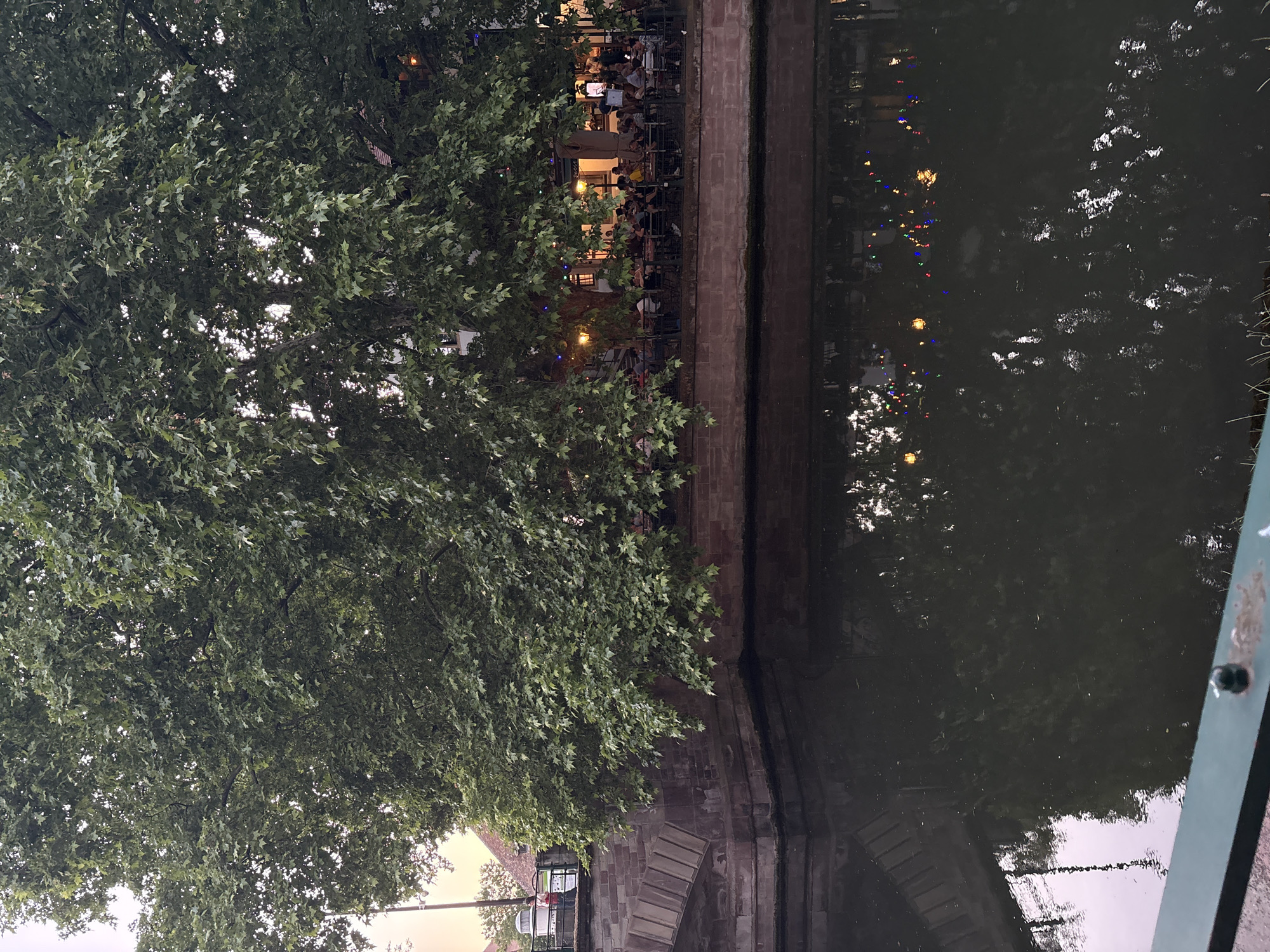 The image shows a scene in Strasbourg, France, likely taken from a bridge over a canal. A large, leafy tree dominates the left side of the frame. Adjacent to the canal is a building with an outdoor seating area where numerous people are seated, suggesting a restaurant or cafe. Lights are visible in the building and their reflections appear in the water. The water is dark and reflects the surrounding environment, with ripples distorting the reflections. A portion of a bridge railing is visible in the lower right corner. The overall impression is a lively evening scene along a canal in Strasbourg.