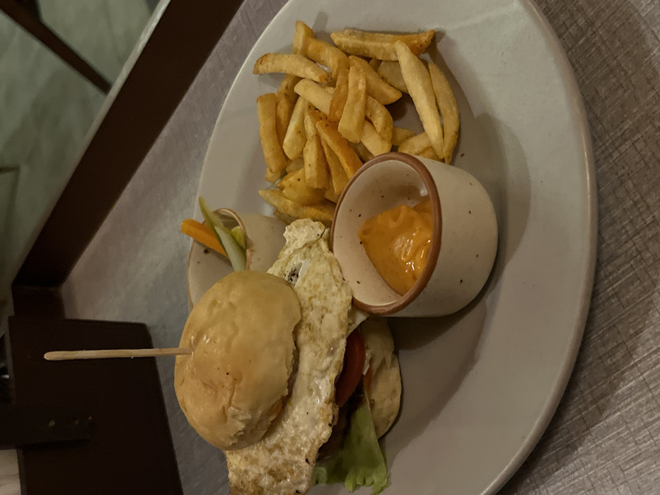 This media file presents a top-down view of a meal served on a light gray, round plate. The central subjects are various food items arranged for consumption.
A generous portion of golden-brown French fries occupies the upper right section of the plate. To the lower left, there is a mini-burger or slider, characterized by a light-colored bun and a prominent, fluffy fried egg layer. Green lettuce and red tomato slices are visible peeking out from beneath the egg. A wooden skewer holds the slider components together. Alongside the slider, a small garnish consisting of thinly cut carrots and possibly another vegetable, secured with a small pick, adds a touch of freshness.
A small, off-white ceramic cup with a brown rim is positioned near the center of the plate, holding a vibrant, creamy orange-yellow dipping sauce, likely intended for the fries or slider.
The plate rests on a surface that appears to be a light-colored wooden table with a subtle, textured grain. In the upper left background, a dark brown, angular structure is partially visible, suggesting it might be part of a chair, table leg, or an architectural feature within the dining space. The lighting in the image appears dim and warm, indicative of an indoor setting, possibly during the evening. There are no people visible in the image, and no discernible text. The scene is set in Dibrugarh, India.