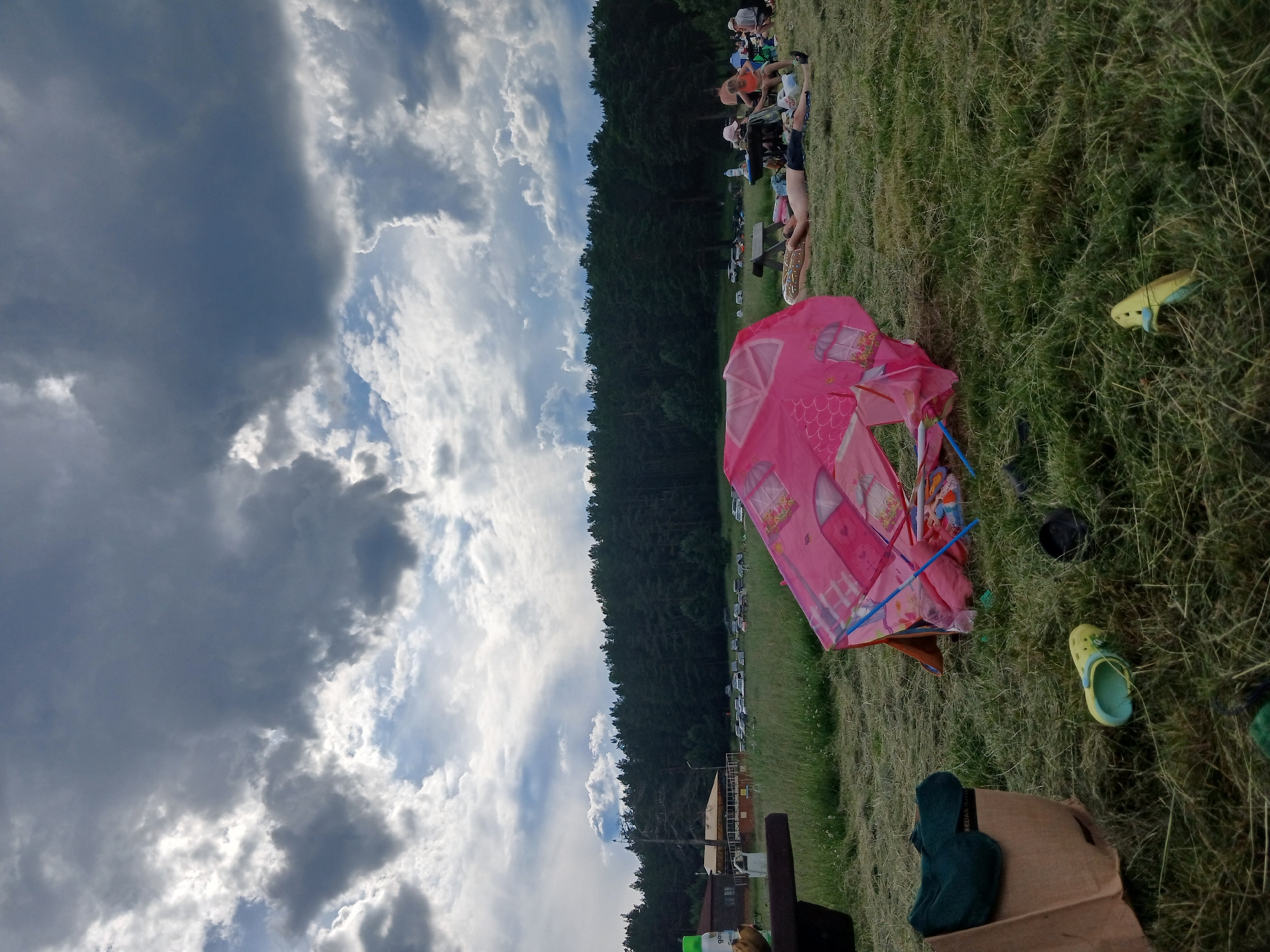 The image depicts an outdoor gathering at a grassy area with a dense forest in the background. In the foreground, a pink children's tent is partially collapsed. Various items are scattered on the grass, including a green item of clothing in a cardboard box, a yellow Croc shoe, and a black shoe. Several people are visible in the midground, some lying down and others sitting. They appear to be picnicking or relaxing. A line of cars is parked in front of the forest, suggesting a public park or recreational area. The sky is filled with dramatic, dark clouds, indicating potential for rain. The location is identified as the city of Revda, Russia.
