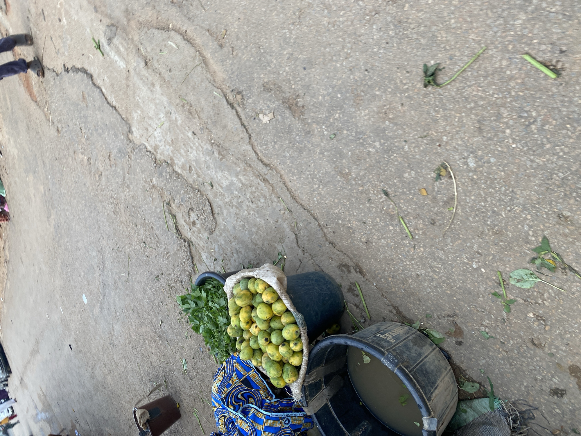 The image depicts an outdoor market scene, likely in Jos, Nigeria. In the foreground, two large black plastic tubs are visible. The tub on the left is partially filled with murky water and some green leafy debris. The tub on the right contains a large quantity of green leafy vegetables, and next to it, another tub overflows with a mound of unripe green and yellow mangoes, many with a light canvas bag underneath. A vibrant blue and yellow patterned fabric is draped over the edge of the mango tub. The ground is rough concrete, with cracks and scattered debris, including small green leaves and twigs. In the background, a person's legs wearing dark trousers and dark sandals are visible, walking away from the viewer. The overall impression is of a bustling, informal market setting.
