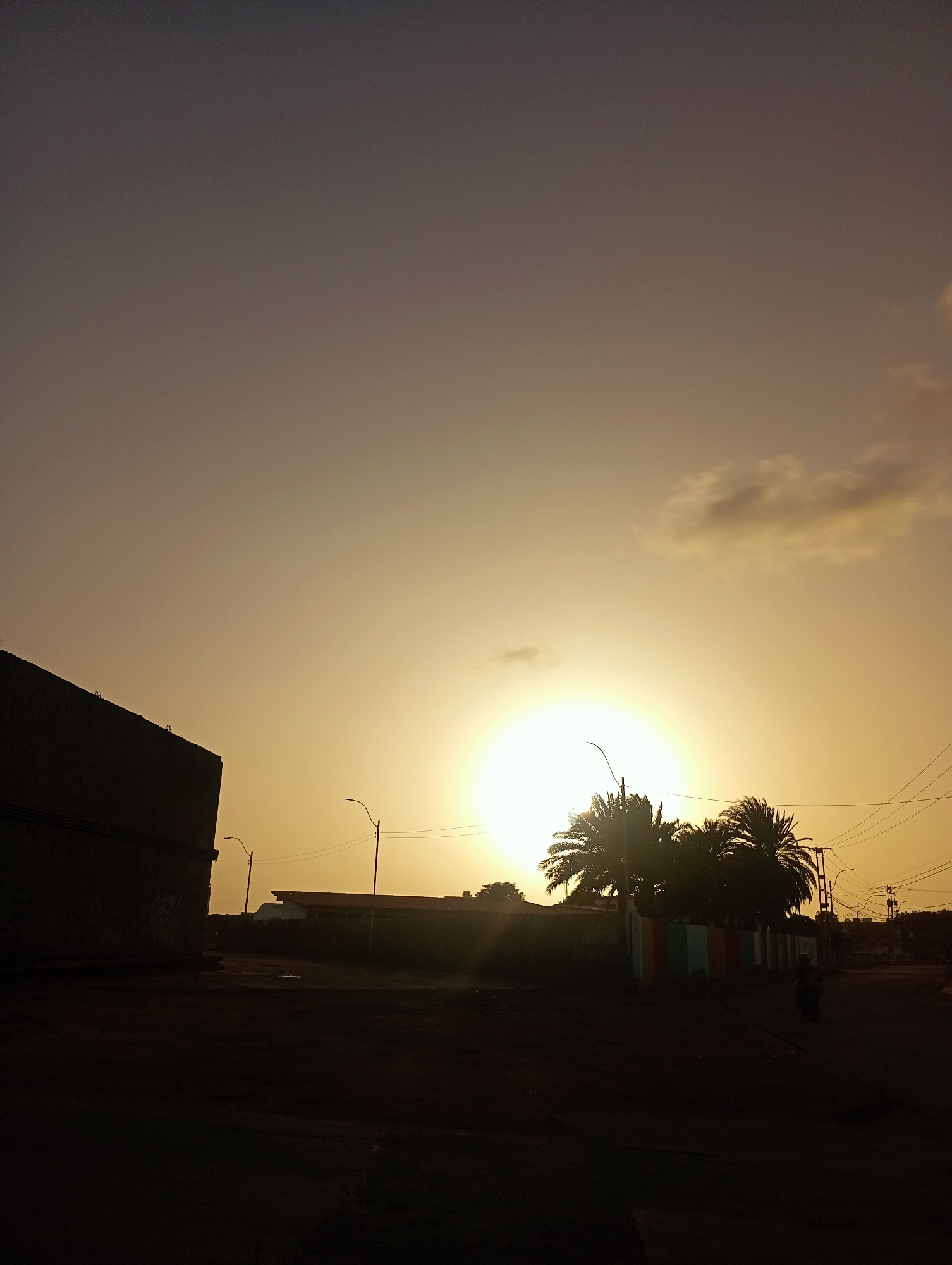 This is a landscape photograph captured during either sunrise or sunset, set in Juan Griego, Venezuela. The sky occupies the majority of the frame, displaying a warm gradient from a muted, dusky grey-brown at the top to a brilliant, golden yellow around the sun, which is a strong, luminous orb positioned slightly right of the center. A few scattered, soft clouds, tinged with golden hues, are visible in the upper right quadrant.
The foreground elements are heavily silhouetted against the bright sky. On the left, a large, dark building with a flat roofline stands prominently. The outline of two streetlights with curved arms is visible in the middle distance. A cluster of dense palm trees is silhouetted directly beneath the sun, their fronds reaching upwards. Power lines crisscross the mid-ground, extending between unseen poles. Below these elements, a street or road is visible, appearing dark and somewhat uneven. On the far right, a silhouetted figure on what appears to be a motorcycle or scooter is moving along the street. Part of a fence or low wall with distinct colored panels can be discerned behind the palm trees on the right. The overall scene evokes a serene tropical setting at the beginning or end of the day. No visible text is present in the image.
