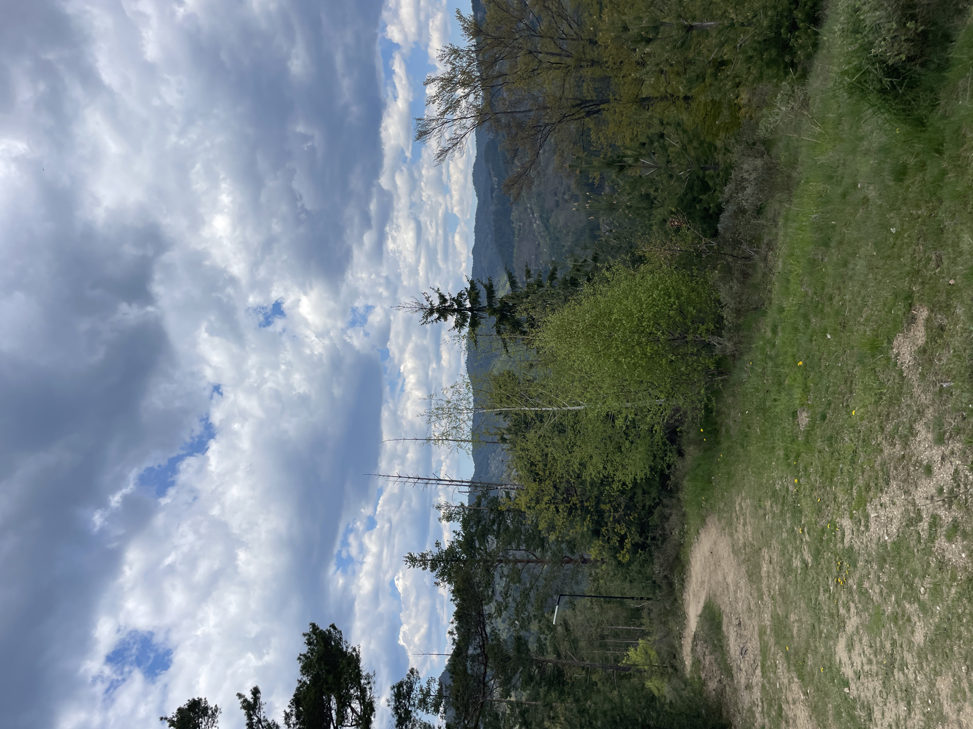The image depicts a landscape in Gradat, Bulgaria. A dirt path lined with grass and vegetation runs along the lower right portion of the frame. To the left, trees of various sizes and types create a layered forest scene. In the background, a mountain range is visible beneath a sky filled with predominantly gray and white clouds. Some patches of blue sky are scattered amongst the clouds.