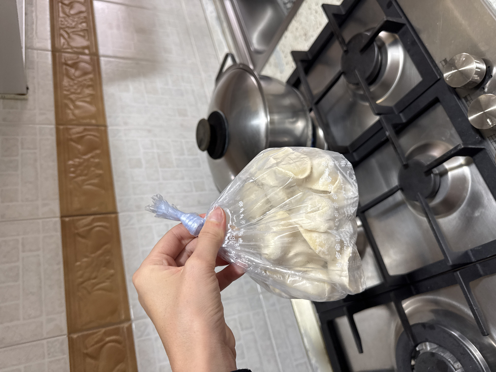 A person's left hand holds a clear plastic bag filled with what appear to be frozen dumplings. The bag is twisted at the top and secured with a light blue plastic tie. In the background is a stainless steel gas stove with four burners. A stainless steel pot sits on the stove near the bag of dumplings. The backsplash behind the stove consists of tiled surfaces. To the left of the stove is a section of wall decorated with a light-colored tile featuring a decorative brown border. The location is Aprilia, Italy, based on prior context.