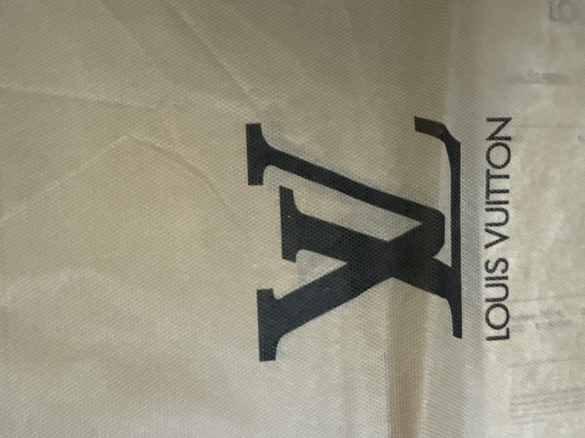 A close-up, low-angle shot captures the iconic "LV" monogram and the "LOUIS VUITTON" text printed in black on a beige, textured fabric. The fabric appears to be a dust bag or a similar protective material. The lighting is soft and diffused, creating subtle shadows that highlight the texture of the fabric and the slight sheen of the printed logos. The background is out of focus, emphasizing the branding. There are no people, actions, or interactions visible in the image. The location is not determinable from the image itself.