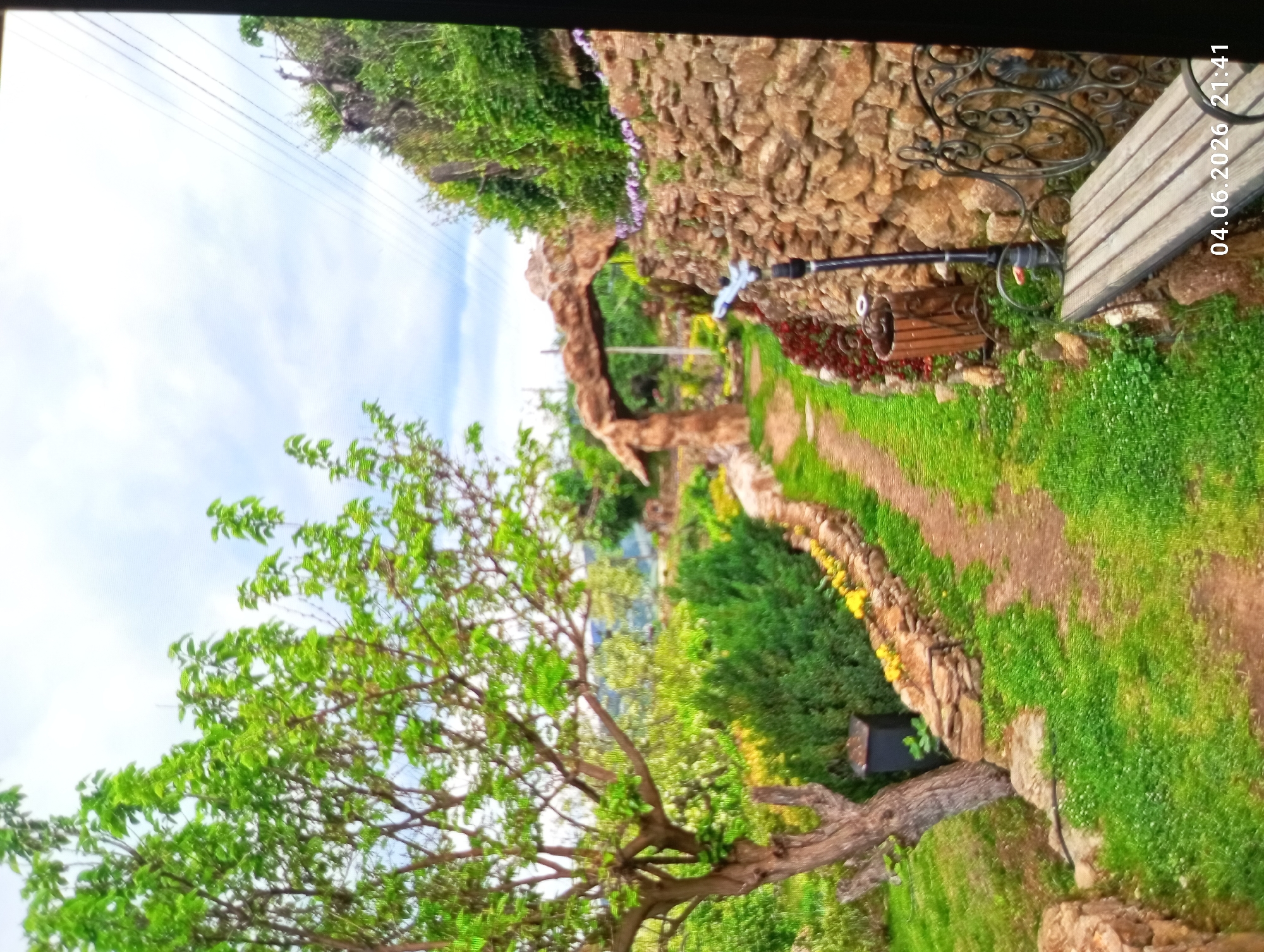 The image captures a vibrant, landscaped garden or park scene, viewed from a slightly elevated perspective. A winding dirt pathway, edged with low stone walls and lush greenery, leads through the frame from the middle ground into the distance.
On the left side of the path, a large tree with abundant bright green foliage dominates the foreground, its branches extending upwards towards a bright, cloudy sky. Further along the path, an archway constructed from rough-hewn stones frames the continuing walkway.
To the right of the path, a robust stone wall runs parallel to the walkway, adorned with patches of purple flowering plants. A wooden bench is situated against this wall in the upper right portion of the frame (when upright), next to an intricately designed black wrought-iron side table or stand. A tall, dark pole or pipe with some attachments is also visible near the bench. The ground is richly covered with green grass and some reddish-leafed plants, particularly around the base of the stone wall. Faint utility lines are visible against the sky in the top left.
No specific human activity is taking place; the scene is a serene depiction of nature and landscaping. The timestamp "04.06.2026 / 21:41" (June 4th, 2026, 9:41 PM) indicates the photograph was taken in the evening, despite the relatively bright natural light suggesting twilight or a camera's high ISO setting. The overall mood is peaceful and tranquil.