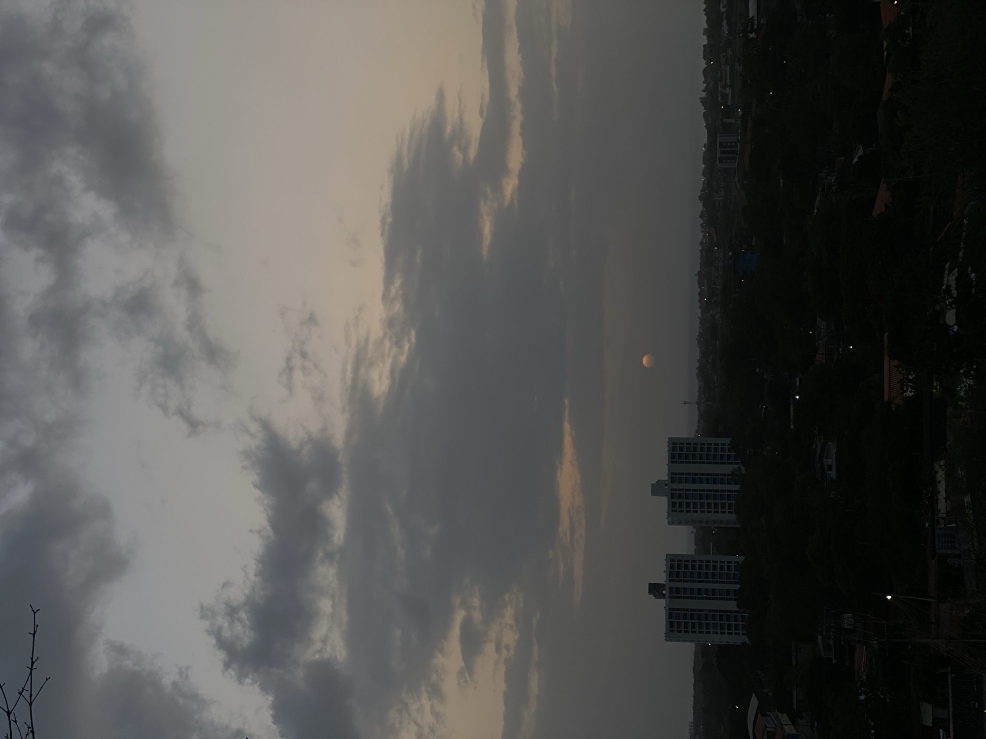 A wide-angle, slightly low-angle shot captures a dusk scene over Juan Griego, Venezuela. Two identical, tall, white rectangular buildings with many windows stand prominently in the middle ground, flanked by dark, dense foliage. A small, orange sun is visible through the clouds in the upper right portion of the sky. The sky is dominated by large, grey clouds, with a lighter, hazy sky visible towards the horizon. In the foreground, the dark silhouettes of trees and parts of buildings are visible, suggesting a vantage point from an elevated position overlooking the city. The overall impression is a serene, twilight urban landscape.