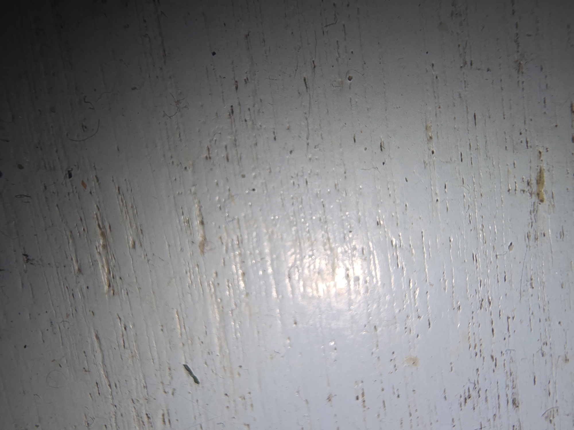 The image is a close-up, overhead shot of a weathered, light-colored surface, possibly painted wood or metal, exhibiting numerous horizontal scratches and scuffs. There are small flecks of dirt, debris, and what appear to be hairline cracks on the surface. A bright, reflective glare from a light source is prominent in the lower-left quadrant. The overall impression is one of age and wear. There is no discernible urban environment, people, or specific identifiable objects that would allow for a determination of its location within Ulan-Ude, Russia.