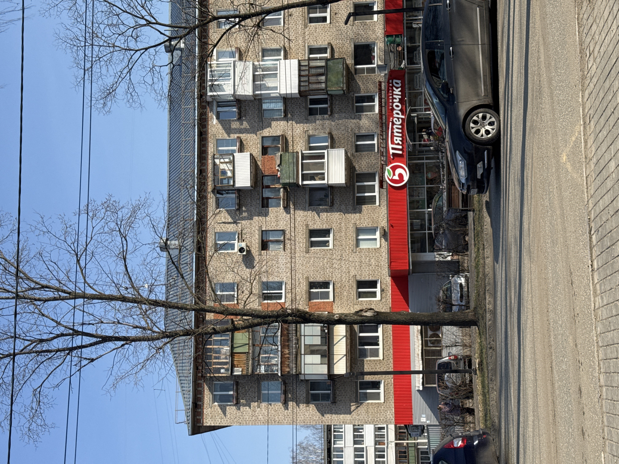 The image shows a multi-story brick building with numerous windows and enclosed balconies. A bare tree branch stretches across the left side of the frame, obscuring parts of the building and the clear blue sky. A red sign with white Cyrillic text "Пятерочка" is prominently displayed on the building's facade, indicating it is a branch of the Russian grocery store chain Pyaterochka. Several cars are parked along the building, close to the sidewalk and a paved street. The scene is likely in the city of Chaikovsky, Russia, based on the prevalence of Cyrillic script and Russian architectural style.