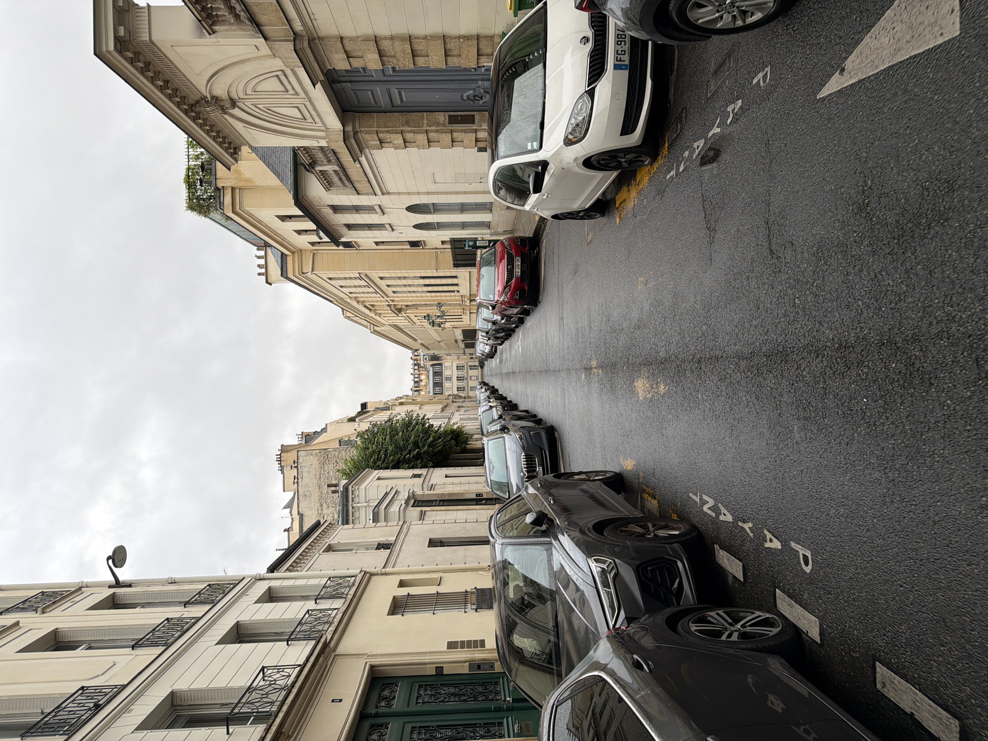The image presents a street scene in Paris, viewed at an angle looking down a narrow thoroughfare lined with classic European buildings. The sky is overcast and grey, and the asphalt road appears wet, indicating recent rain.
Both sides of the street are flanked by multi-story buildings, characterized by their light-colored stone or stucco facades, ornate cornices, and decorative window frames. Many ground-level entrances feature dark green, panelled double doors. Some windows are adorned with black wrought-iron railings. One building towards the middle-right of the frame shows a rooftop terrace with lush green foliage.
Numerous cars are parked in two parallel lines along the curbs. The vehicles include a white Skoda at the forefront, a red Peugeot behind it, and a succession of dark-colored cars, predominantly SUVs and sedans. French license plates are visible, such as "FG-984" on the white Skoda and "FK-509-HP" on the red Peugeot. A green and yellow public trash bin is positioned next to the white Skoda.
White street markings are painted on the wet asphalt, clearly displaying the word "PAYANT" (French for "paid"), indicating paid parking, along with a large 'P' and a white directional arrow. A street lamp is visible on the left side of the frame, extending into the sky. The scene is quiet, devoid of people, capturing a typical urban streetscape on a subdued, cloudy day.