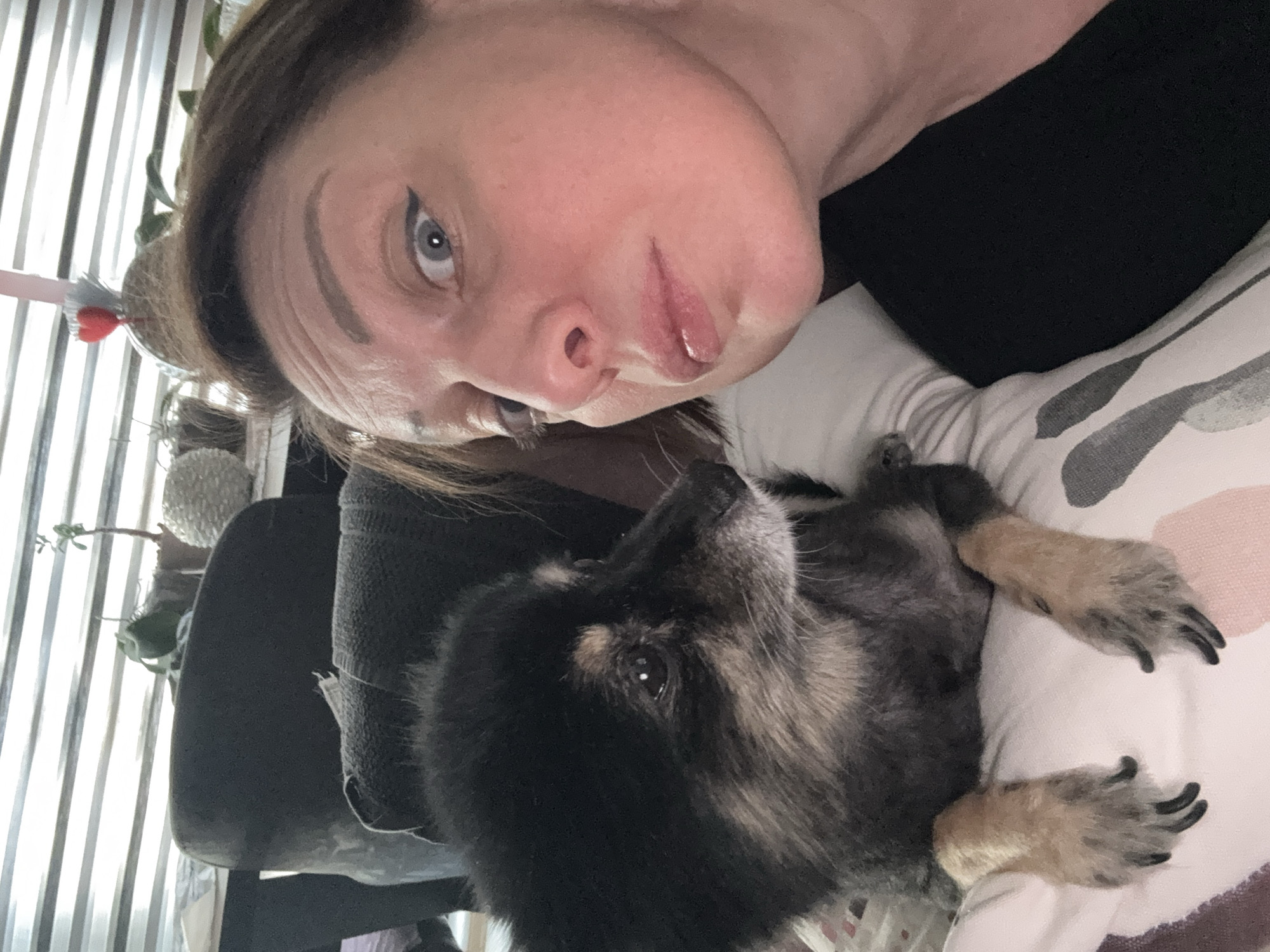 This is a selfie taken indoors, likely in a residential setting. A woman with brown hair and visible makeup, including winged eyeliner, is looking towards the camera with wide eyes and slightly pursed lips. To her left, a small, black and tan dog with fluffy fur is nestled on a pillow. The dog is looking away from the camera, towards the woman. In the background, there are horizontal blinds, and some potted plants are visible on a shelf, suggesting a domestic environment. The image's overall composition and lighting indicate it was taken with a handheld camera or smartphone. There are no explicit indicators of the specific location within Gölbaşı, Turkey, beyond it being an indoor, domestic space.