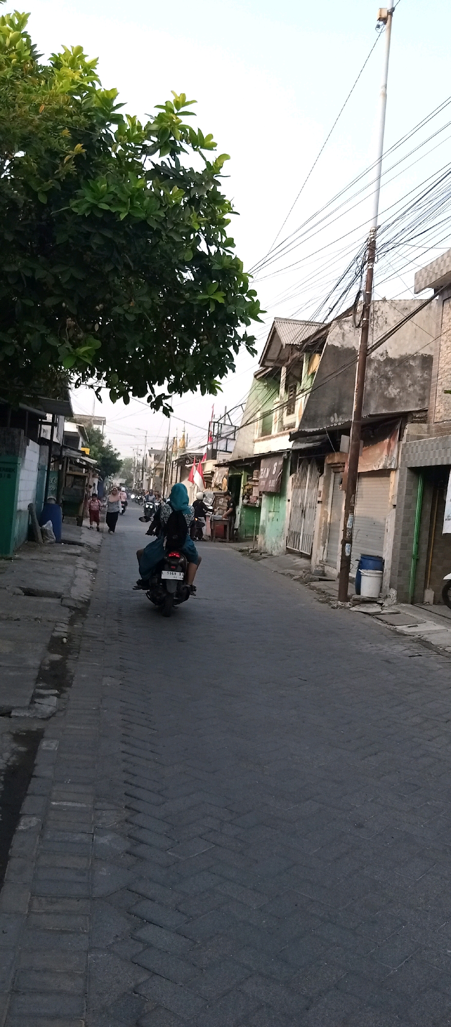 The image depicts a street scene in Wadungasri, Indonesia, likely during the late afternoon or early evening, given the soft lighting. The street is paved with dark interlocking bricks laid in a herringbone pattern. On the left side of the street, a sidewalk is present, also paved with bricks. A large tree with dense green foliage overhangs the sidewalk and a portion of the street from the upper left.
Several buildings line the right side of the street, displaying a variety of architectural styles and conditions, suggesting a densely populated urban area. These buildings appear to be commercial establishments, with some featuring storefronts and shuttered windows. One building has a sign that reads "KRAN 6". Two large blue and white barrels are placed near the sidewalk in front of one of the buildings. Electrical wires are strung across the sky, supported by utility poles.
In the foreground, a person wearing a turquoise hijab and a dark backpack is riding a black motorcycle, moving away from the camera. The motorcycle has a license plate that is partially visible, showing "C 5168 Xl". Behind this rider, several other motorcycles and people are visible, suggesting traffic on the street. Further down the street, on the left side, there are more people walking, including a woman in a pink headscarf and a person in a blue headscarf carrying a bag. The overall impression is that of a bustling, lived-in neighborhood.