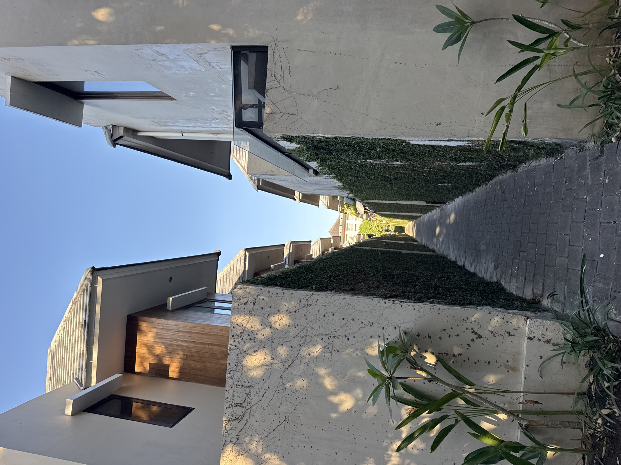 The image shows a narrow walkway between two buildings with modern architecture in Kuta Selatan, Indonesia. The walkway is paved with dark grey interlocking bricks. Both buildings have beige-colored walls. The building on the left features a wooden accent wall and a window. The building on the right has a glass element extending from its upper facade. Green ivy covers the walls that flank the walkway, creating a lush vertical garden. Sunlight casts dappled shadows on the walls and walkway. Several potted plants, including a plumeria tree, are visible along the walkway. The sky is clear and blue, indicating a sunny day. The scene depicts a serene and well-maintained outdoor space, likely part of a resort or a residential complex in the tropical climate of Bali. There are no people or animals visible in the image.