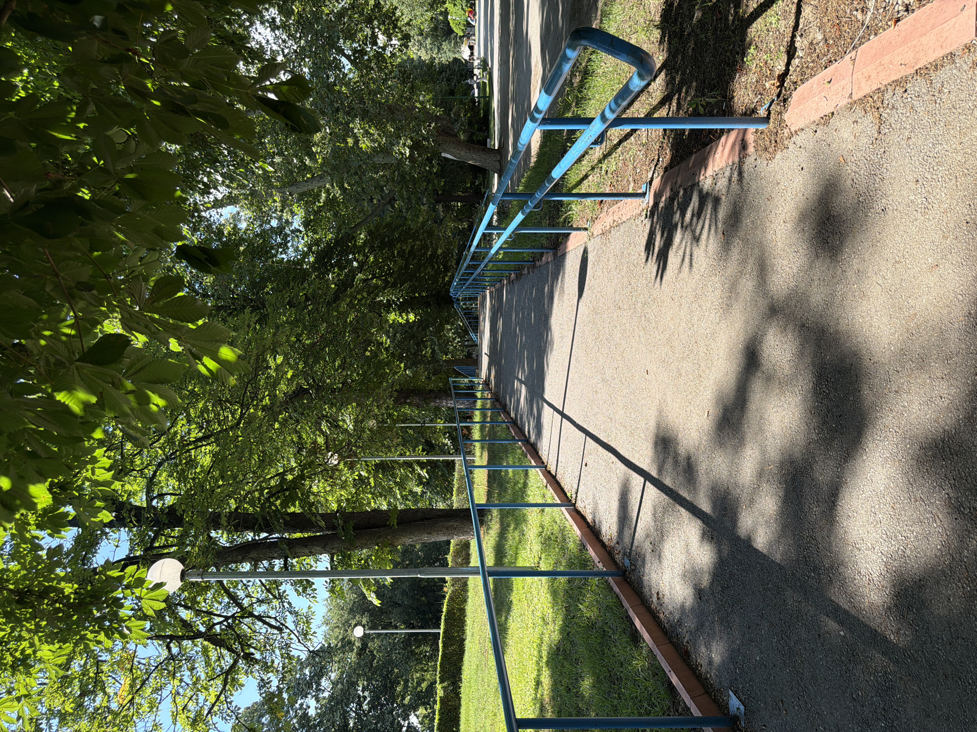 The image shows a paved pathway with blue metal railings on both sides, curving towards the background. The pathway is bordered by a low, reddish-brown curb. To the left of the pathway, there is a well-maintained grassy area with a low hedge in the distance. Several trees with lush green foliage are visible throughout the scene, casting dappled shadows on the pathway. A lamppost with a round, white light fixture is positioned near the beginning of the pathway on the left. The pathway appears to be in a park or recreational area. The scene is bathed in bright sunlight, indicating it is daytime. This pathway is located in the Central Park in Pazardzhik, Bulgaria. There are no people visible in the image.