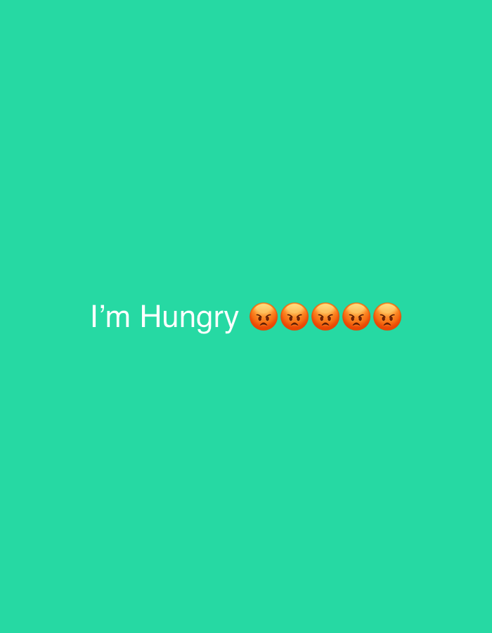 The image displays the text "I'm Hungry" followed by five angry face emojis arranged in a horizontal line against a plain teal background. The text and emojis are positioned towards the bottom center of the frame. The image's content does not provide any information related to the city of Dragoevo, Bulgaria.