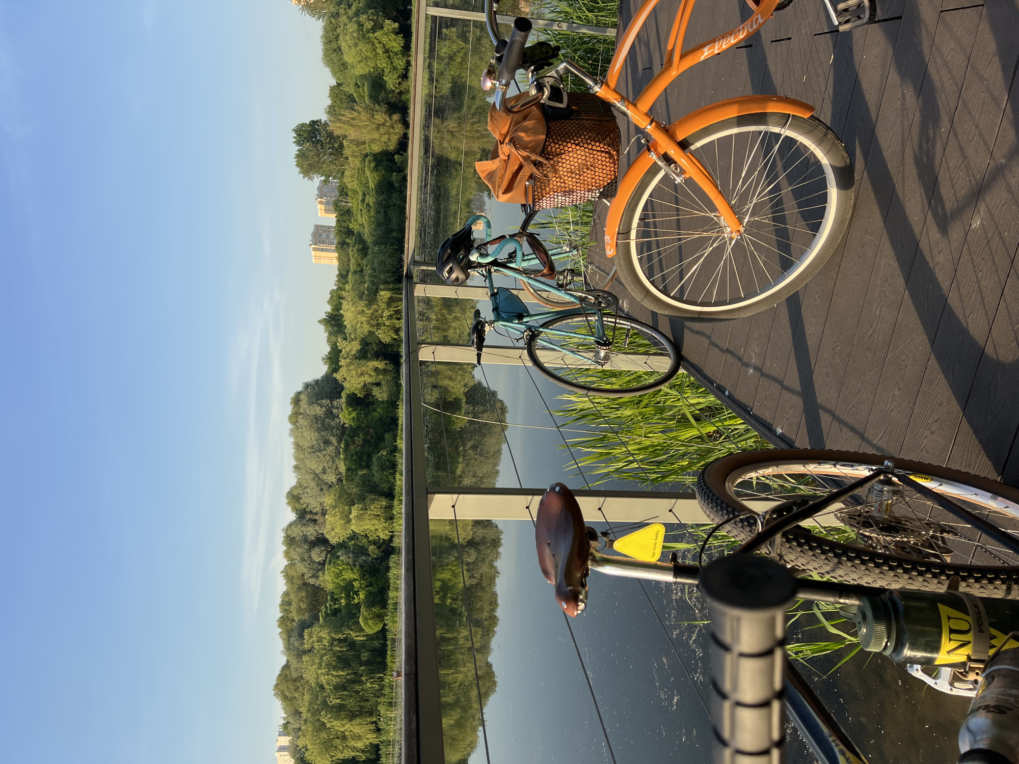 An outdoor scene captured at a low sun angle, likely early morning or late afternoon, depicts three bicycles parked on a dark brown composite decking platform beside a calm body of water. The platform features a metal railing with light grey vertical posts running horizontally across the midground.
In the immediate foreground, to the left, the rear wheel and knobby tire of a dark-framed bicycle are visible, alongside a brown leather saddle and a yellow triangular reflector attached to the seat post. A green Nalgene-style water bottle with a yellow "NU" logo is in a cage on its frame.
To the right foreground, the front wheel and orange fender of an "Electra" brand cruiser bicycle are prominent. This bike also features a brown wicker-style basket containing a tan fabric bag attached to its handlebars.
Between these two, a light blue road bicycle is parked, with a black cycling helmet resting on its drop handlebars. A small blue frame bag is attached to its top tube.
Long, green reeds grow alongside the decking, between the railing and the water. The body of water reflects the sky and the dense line of green trees and bushes that form the opposite bank. Small patches of aquatic vegetation are visible on the water's surface. In the far background, several light-colored, multi-story residential buildings are visible above the tree line, indicating an urban or suburban environment. The sky is clear blue with minimal cloud cover. No people are present in the image. The location is an unidentified park or recreational area in an unknown city.