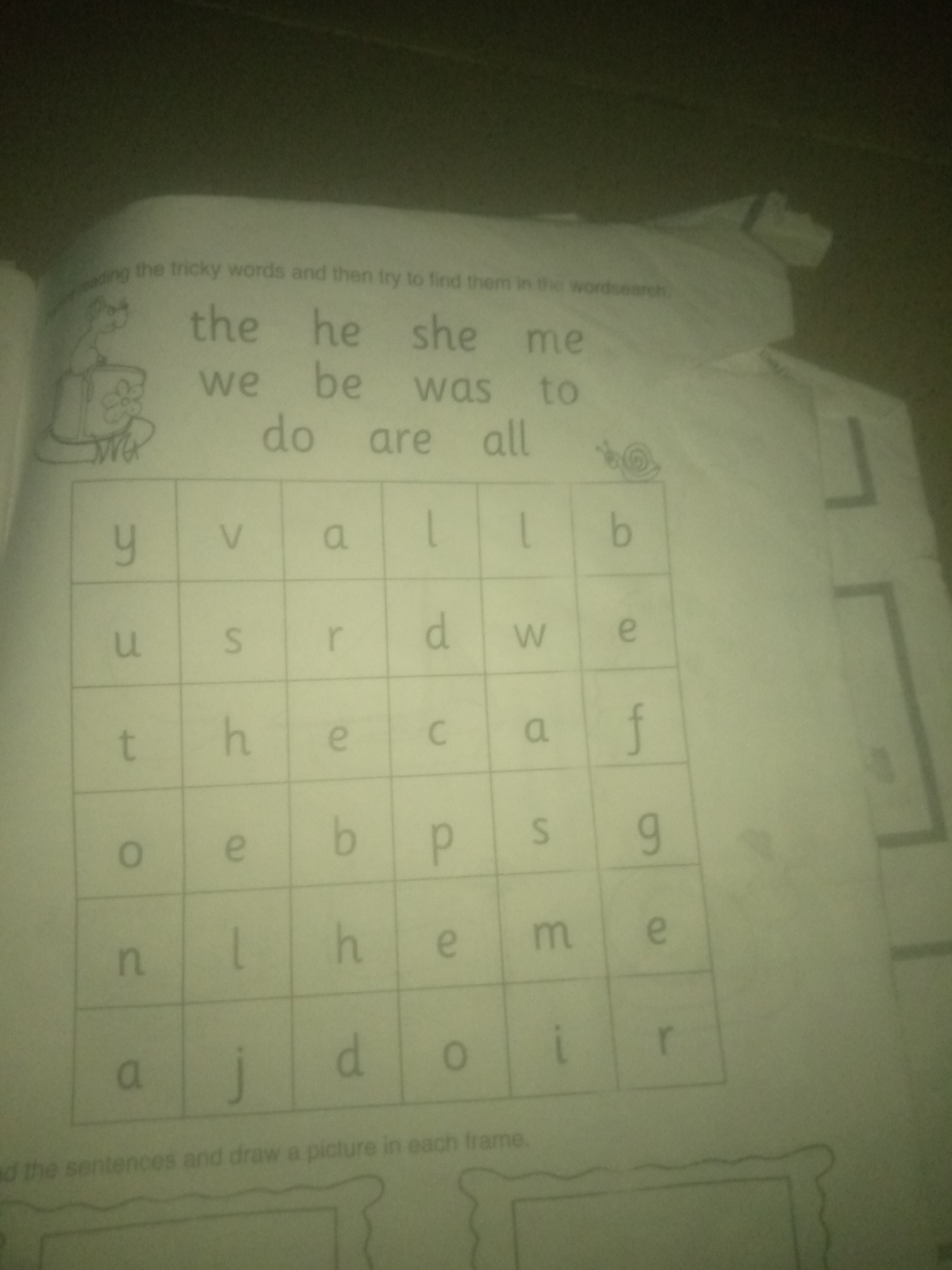The image is a close-up, slightly blurry photograph of a page from a children's workbook. The workbook page features a word search puzzle and some text above it. The text, partially visible, appears to be instructions for the puzzle, reading "reading the tricky words and then try to find them in the wordsearch". Below the instructions, a list of words is provided: "the", "he", "she", "me", "we", "be", "was", "to", "do", "are", "all".
The word search grid is a 6x6 square, with letters filling each cell. The grid is arranged with letters presented in rows and columns. The upper left corner of the grid contains the letter 'y', and the letters continue in a pattern. There are also small illustrations of a snail and a frog or toad on the page, next to the word list and the grid, respectively.
At the bottom of the page, more text is visible: "nd the sentences and draw a picture in each frame." This indicates that the workbook page has further exercises below the word search. The overall environment is that of a study or classroom setting, given the nature of the workbook. The image does not contain any elements that would place it in Jauro Yinu, Nigeria.