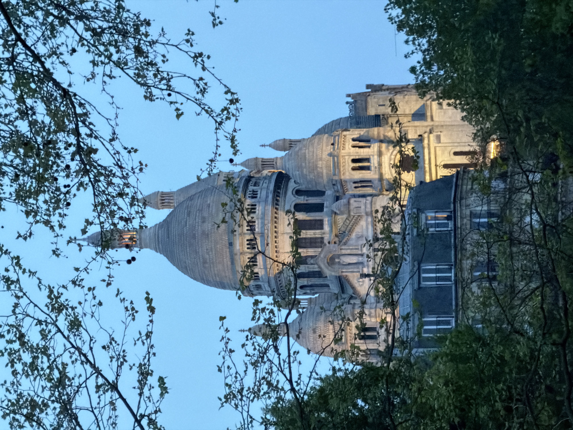 The image shows the Sacré-Cœur Basilica in Paris, France, partially obscured by trees. The basilica's dome is the most prominent feature. The sky is light blue. The building is to the right of the basilica.