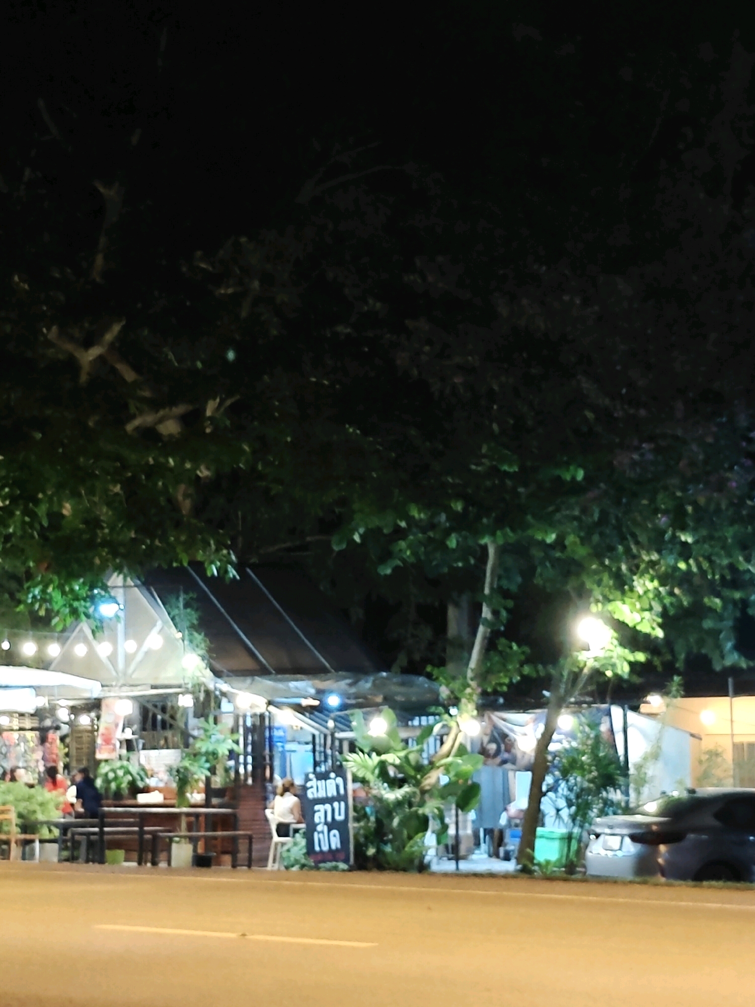 In Khao Yai, Thailand, at nighttime, a street scene unfolds with a row of small food stalls or restaurants lining the right side of a paved road. The stalls are illuminated by strings of warm white lights, creating a festive atmosphere. A large tree with dense foliage overhangs the stalls, casting shadows. In the foreground, the road is visible, with a yellow line marking the center.
Several people are present. On the left, a few individuals are seated at tables. Further to the right, a woman with dark hair is seated at a table on the right, facing away from the camera, looking towards the stalls. Next to her, a sign with Thai script is displayed. A dark-colored car is parked on the right side of the road, partially obscuring another vehicle. The overall scene suggests a vibrant night market or roadside dining area.