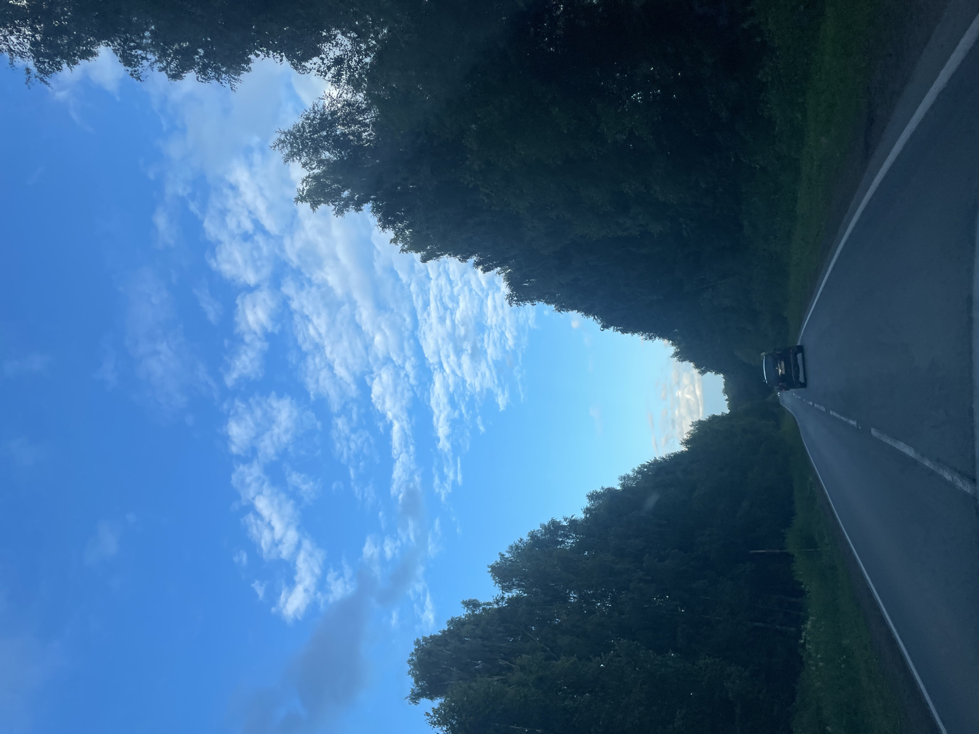 This media file depicts a road winding through a forest under a bright blue sky with scattered white clouds. The image is oriented vertically, with the sky occupying the left half and the road and trees on the right. A dark-colored car is visible on the road, heading away from the viewer and into the distance. The trees on either side of the road form a dense canopy, creating a tunnel-like effect. The sun appears to be high in the sky, suggesting it is daytime. The weather seems pleasant, with clear skies and a few clouds. There are no visible people in the image. The setting is rural, likely a road in Russia, given the provided location context. The image evokes a sense of travel and nature.