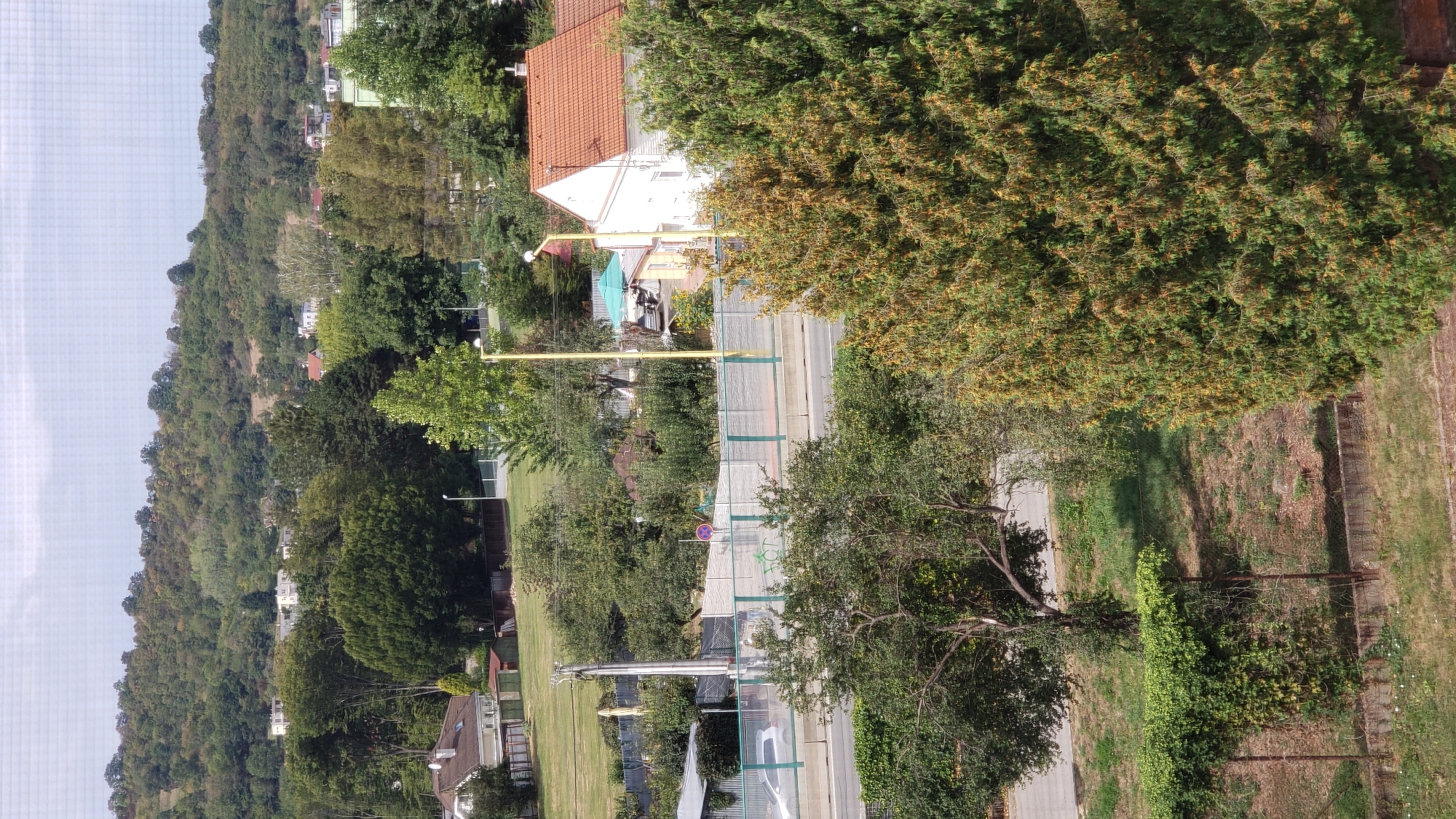 This image captures a suburban hillside landscape in Prešov, Slovakia, likely during daylight hours with overcast skies. The foreground features lush green vegetation, including a large evergreen tree with yellow-brown cones and a smaller deciduous tree with bare branches. A chain-link fence separates the foreground from a paved road below, where a silver sedan is visible. Beyond the road, a light-colored sound barrier with green vertical panels separates the road from a grassy area with scattered trees and shrubs.
Further back, residential buildings are nestled amongst dense greenery. A white house with a red tile roof is prominent, with a green canopy visible nearby. Several other houses and apartment buildings, some with white facades, are scattered across the slopes. The background is dominated by a heavily wooded hillside, characterized by a mix of deciduous and evergreen trees in various shades of green and brown, suggesting late summer or early autumn. The overall impression is one of a tranquil, residential area integrated with natural surroundings.