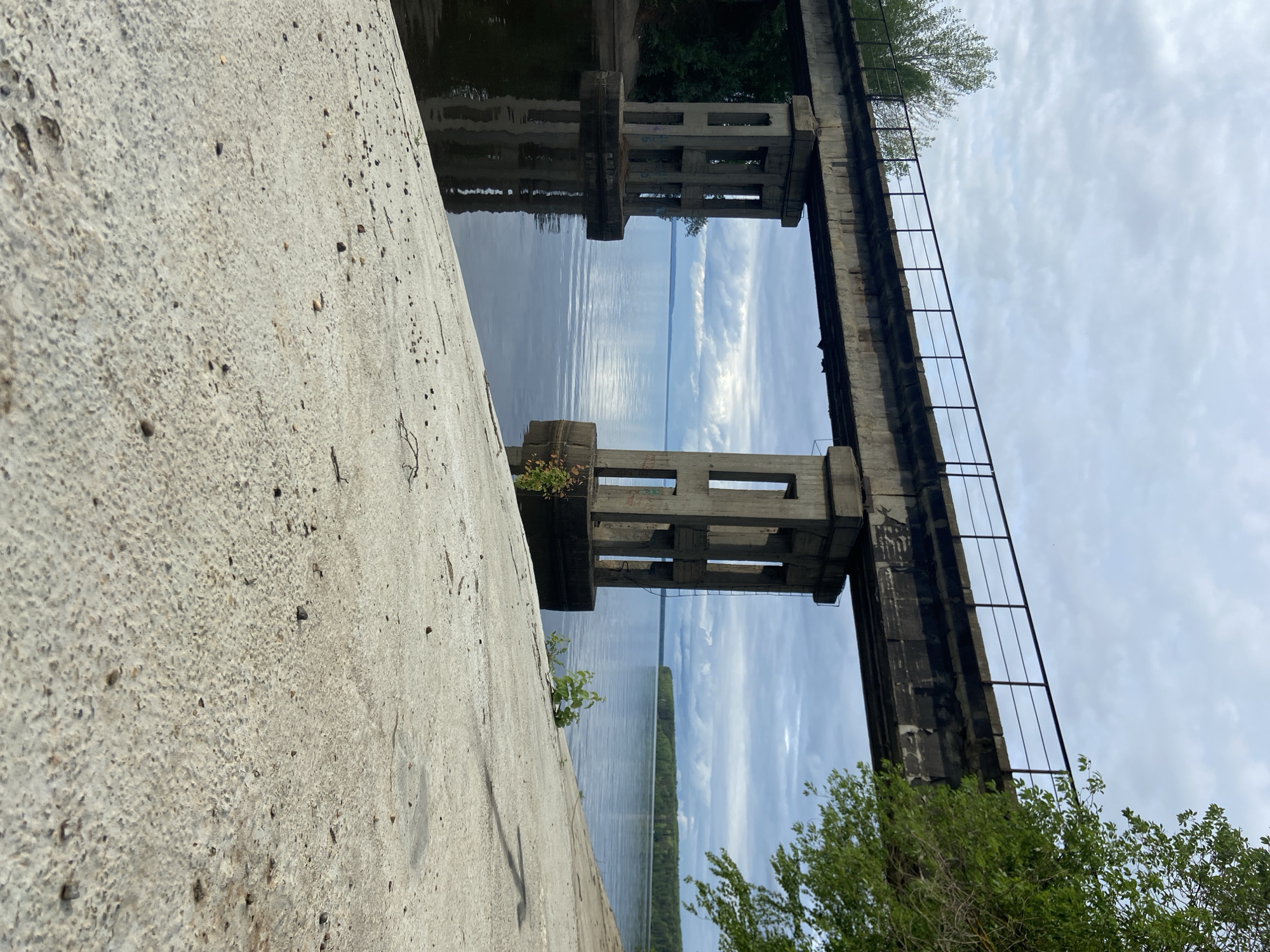 The image depicts a concrete structure with a bridge overhead, spanning a body of water. The bridge's support pillars are visible, revealing a grid-like construction. A metal railing runs along the edge of the bridge. Vegetation, including trees and smaller plants, is present near the water's edge. The water reflects the sky, which is filled with clouds. The location is inferred to be in Chaikovsky, Russia.
