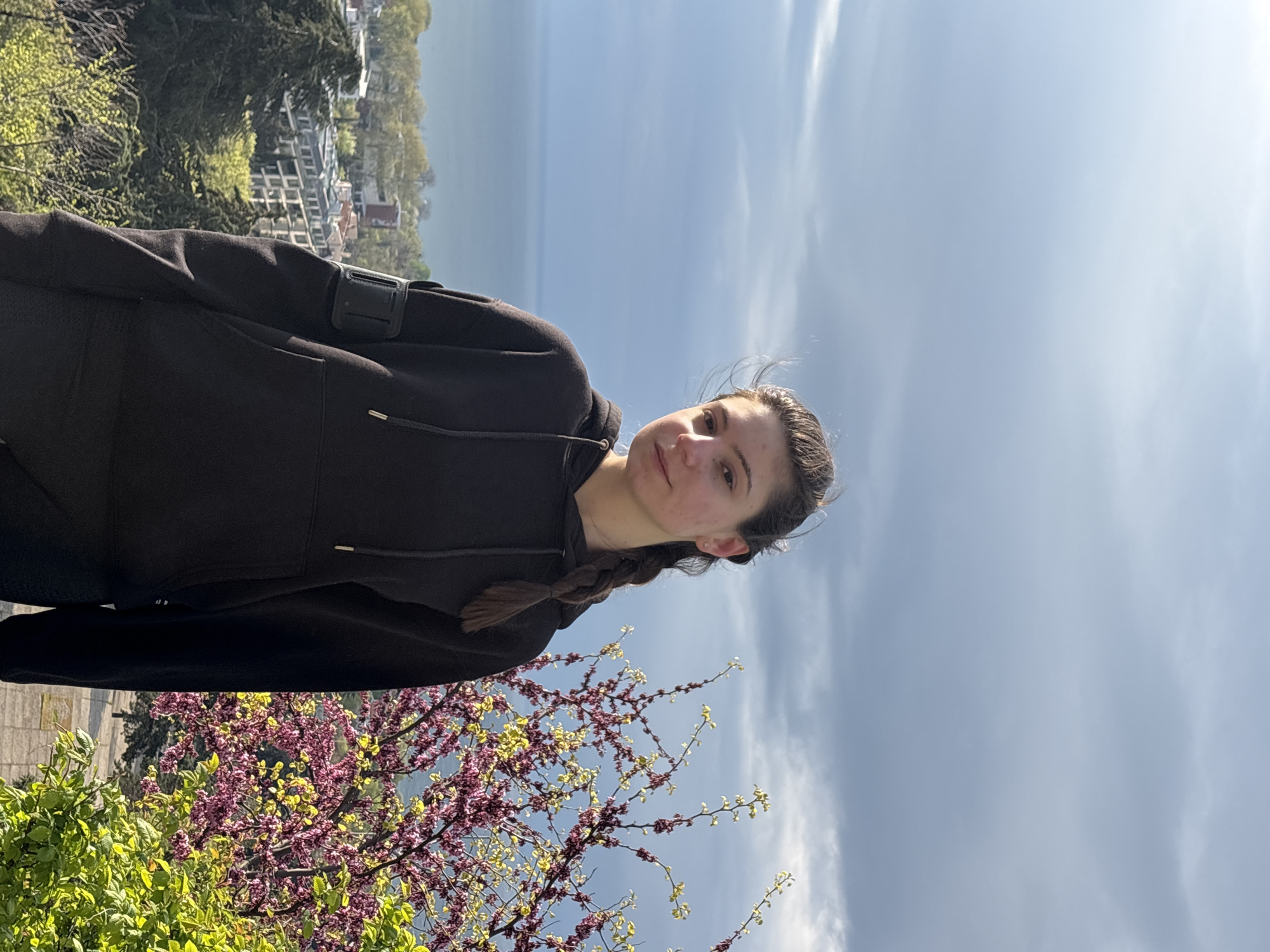 A medium shot depicts a young woman with light skin and a braided hairstyle, wearing a dark-colored hooded sweatshirt. She is positioned in front of a landscape featuring a body of water and buildings in the background. In the foreground, flowering trees with purple and green foliage are visible. The sky above is cloudy and bright. The location appears to be a scenic overlook in a city, though the specific city is not evident.