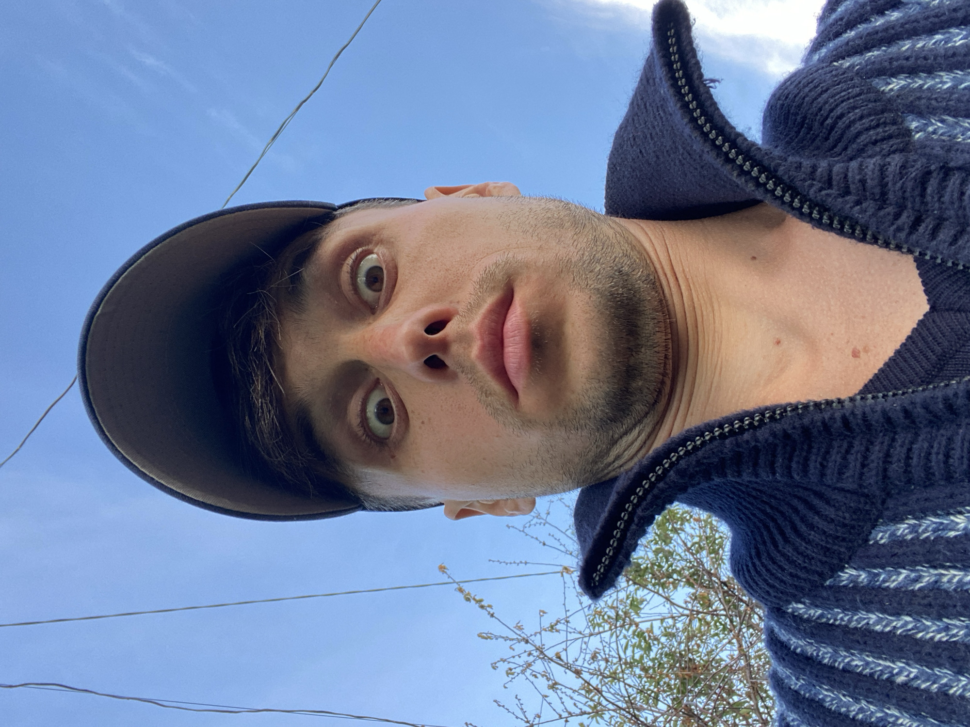 This is a close-up, low-angle selfie of a young man wearing a blue knitted sweater with a zipper and a baseball cap. He has light brown hair and a light brown beard stubble. His eyes are wide open and looking directly at the camera, suggesting surprise or curiosity. His lips are slightly parted. The background is a clear blue sky with some thin clouds and wires. There are also some tree branches visible in the lower right corner, suggesting an outdoor setting. The lighting indicates it is daytime, likely late afternoon due to the soft natural light. The overall impression is a candid and slightly humorous shot, possibly taken spontaneously. No text is visible in the image. The man's expression and the low-angle perspective give the image a sense of immediacy and informal connection with the viewer.