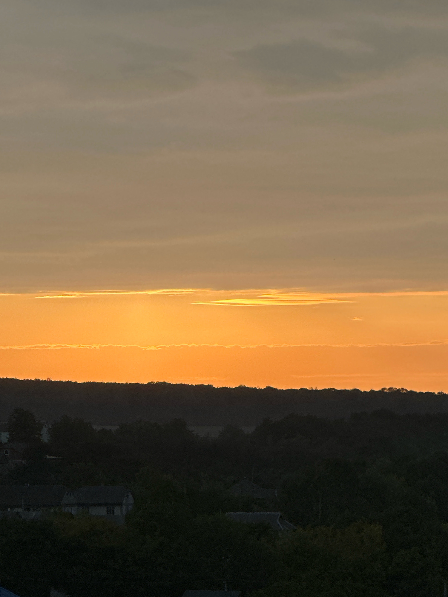 The image depicts a rural landscape at dusk, likely in or near the village of Makiv, Ukraine. The sky is dominated by warm hues of orange and yellow, transitioning to a muted grey at the top, suggesting the setting or rising sun. A dark, silhouetted treeline forms a horizontal band across the middle ground. Below the treeline, several dark shapes suggest the presence of houses, their roofs faintly visible. The foreground is filled with the dark shapes of trees and foliage. The overall scene is peaceful and serene, with no human figures or specific activities visible.