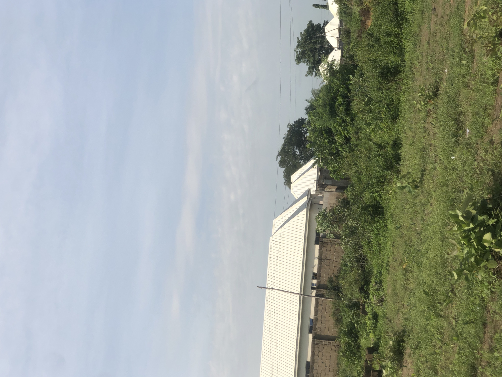 The image shows a view of several white-roofed buildings and dense green vegetation under a partly cloudy sky. In the foreground, there is a field of overgrown grass and bushes. A brick fence runs horizontally across the middle ground, behind which the buildings are located. The buildings have white, sloped roofs and appear to be modern in construction. Some trees are visible behind the buildings and to the right of the frame. The scene is consistent with a residential or commercial area in Wukari, Nigeria, characterized by the tropical climate and common architectural styles. There are no people visible in the image.