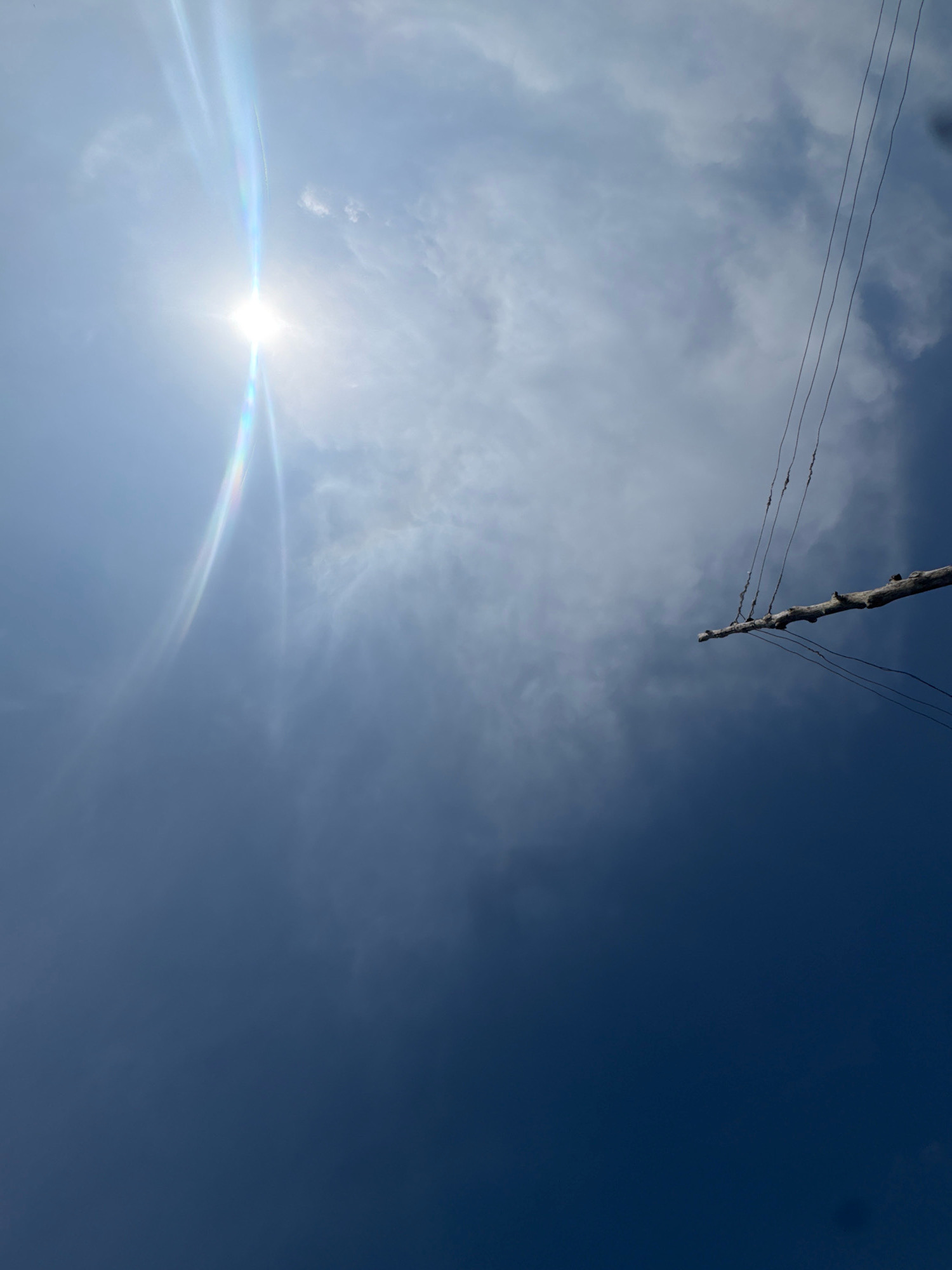 A wide-angle, low-angle shot captures a bright sun with a lens flare on the left side of the frame, against a sky transitioning from a hazy blue with scattered clouds near the sun to a deep, dark blue at the bottom. A rough, grey wooden pole extends from the right side of the image, angled upwards, with several thin, dark wires attached to it and stretching out of frame. The pole is weathered and appears to be deadwood, with a textured surface. The sky is the dominant element, with the sun's glare obscuring any finer details. The overall impression is of a bright, sunny day with a stark, almost abstract composition.