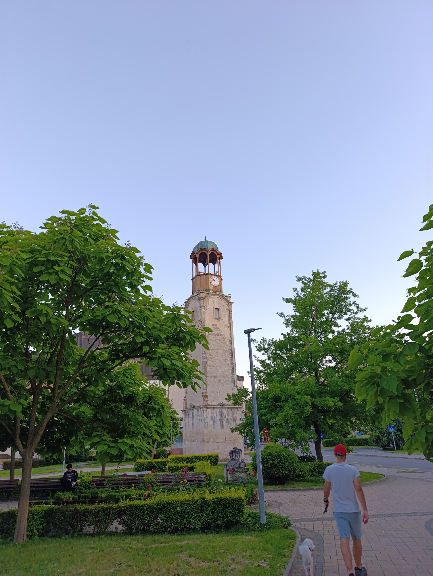 An eye-level, full shot captures a man walking a small white dog on a paved path in a park-like setting. The man, wearing a red cap, grey t-shirt, and light blue shorts, is walking away from the camera. The dog is on a leash, trotting ahead of him. A large, stone clock tower with a green dome dominates the background, situated behind manicured hedges and flower beds. Lush green trees frame the scene on either side, with one large tree in the foreground left obscuring part of the tower. In the middle ground, a person is sitting on a park bench, partially visible through the foliage. The sky is clear and blue, indicating daylight.